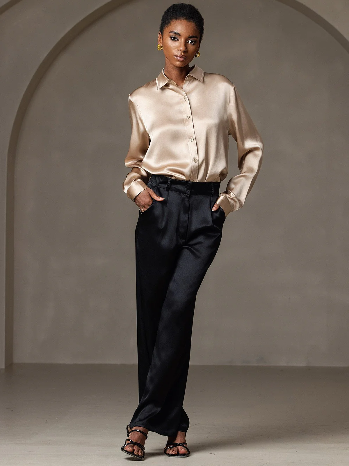 19Momme Silk Long Sleeve Lapel Collar Women's Shirt - Image 9