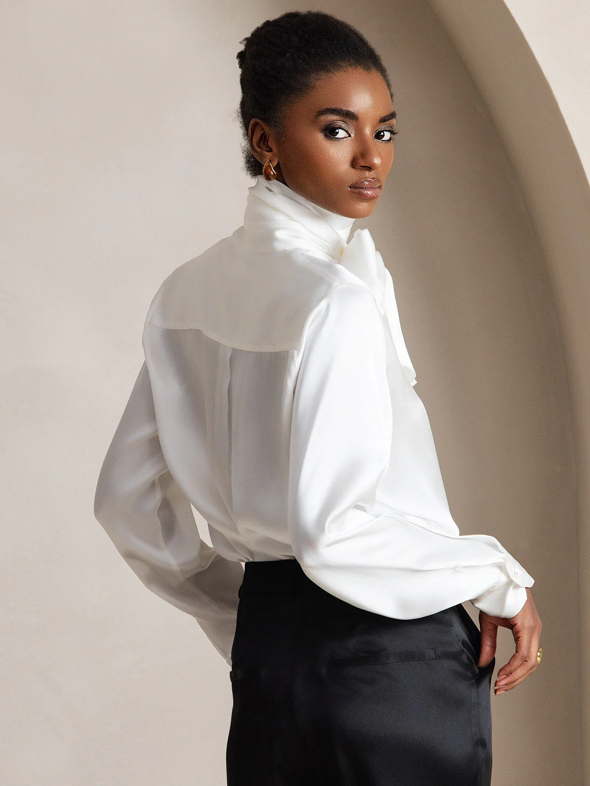 19Momme Silk Long Sleeve High Neck Bow Tie Blouse - Image 11