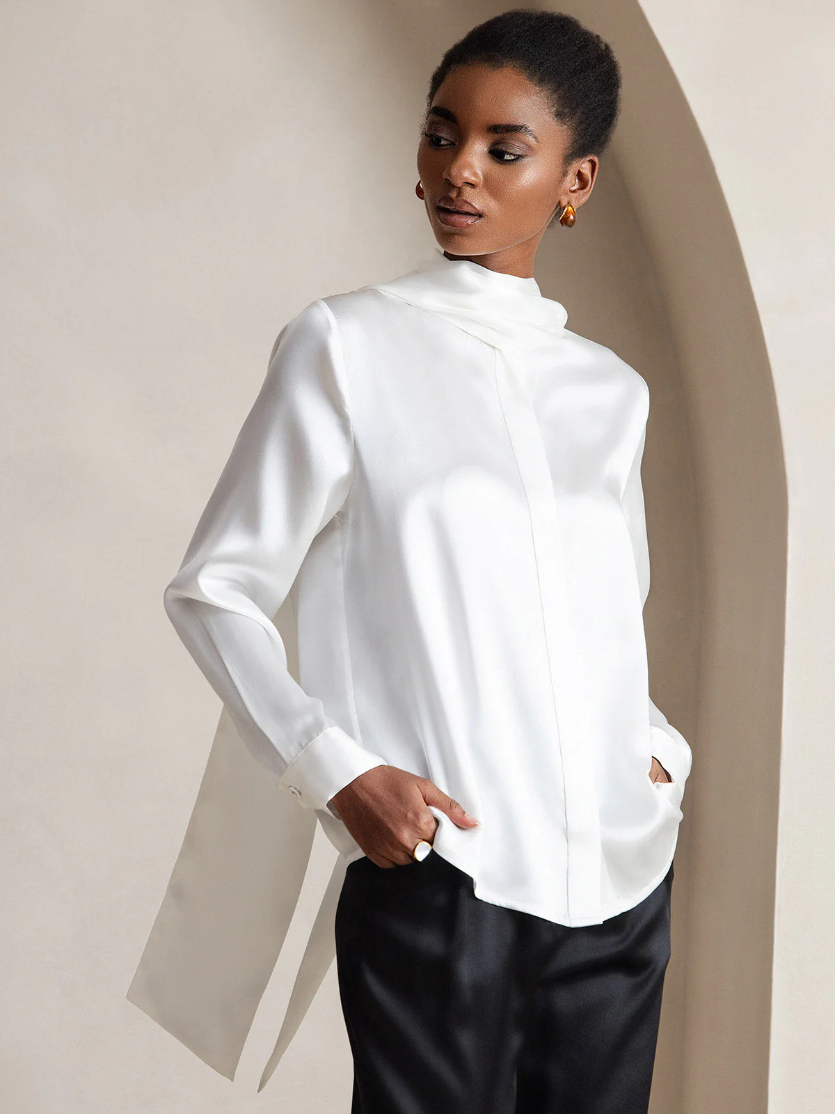 19Momme Silk Long Sleeve High Neck Bow Tie Blouse - Image 12