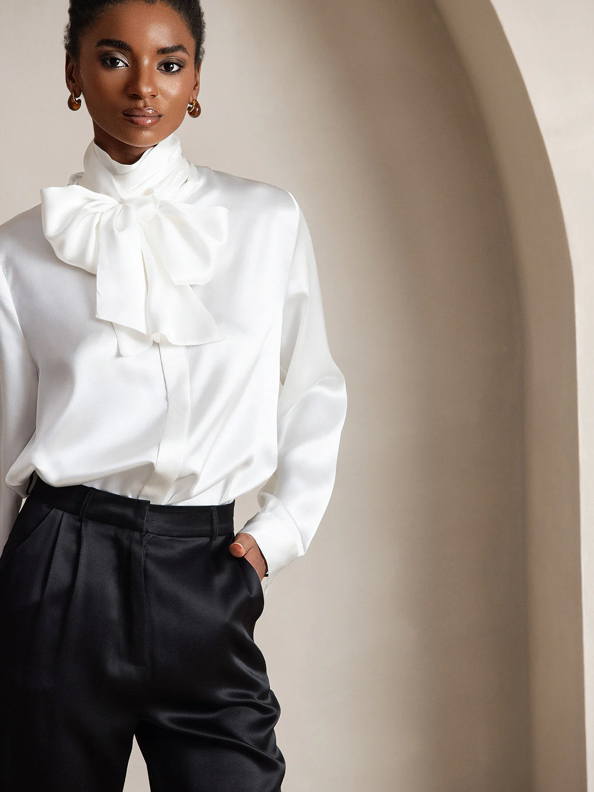 19Momme Silk Long Sleeve High Neck Bow Tie Blouse - Image 13