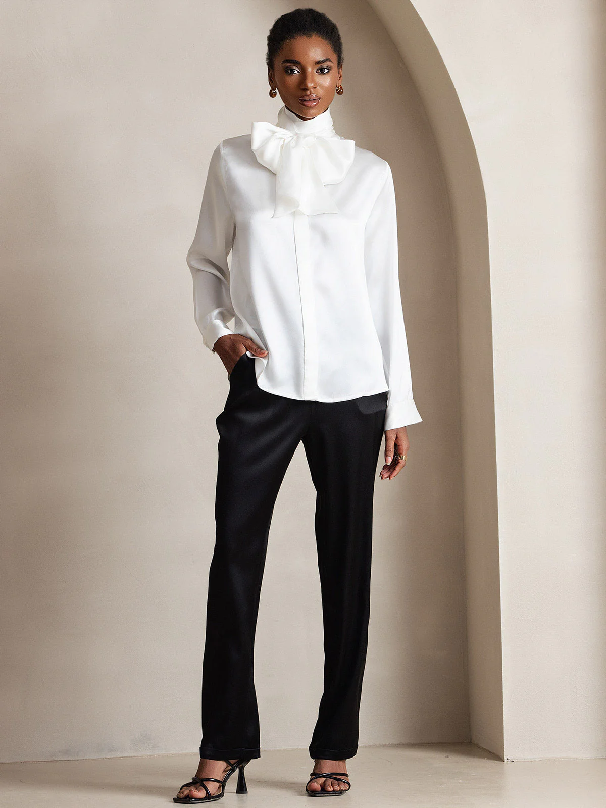 19Momme Silk Long Sleeve High Neck Bow Tie Blouse - Image 14