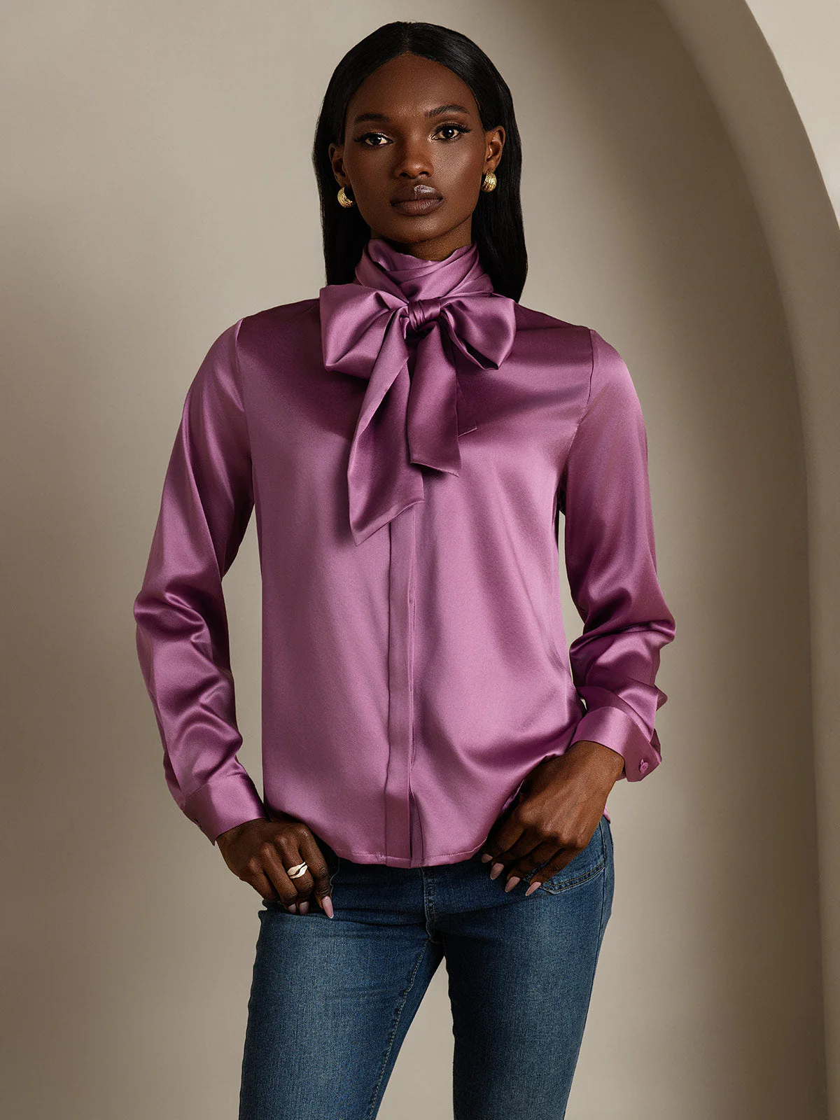 19Momme Silk Long Sleeve High Neck Bow Tie Blouse - Image 23