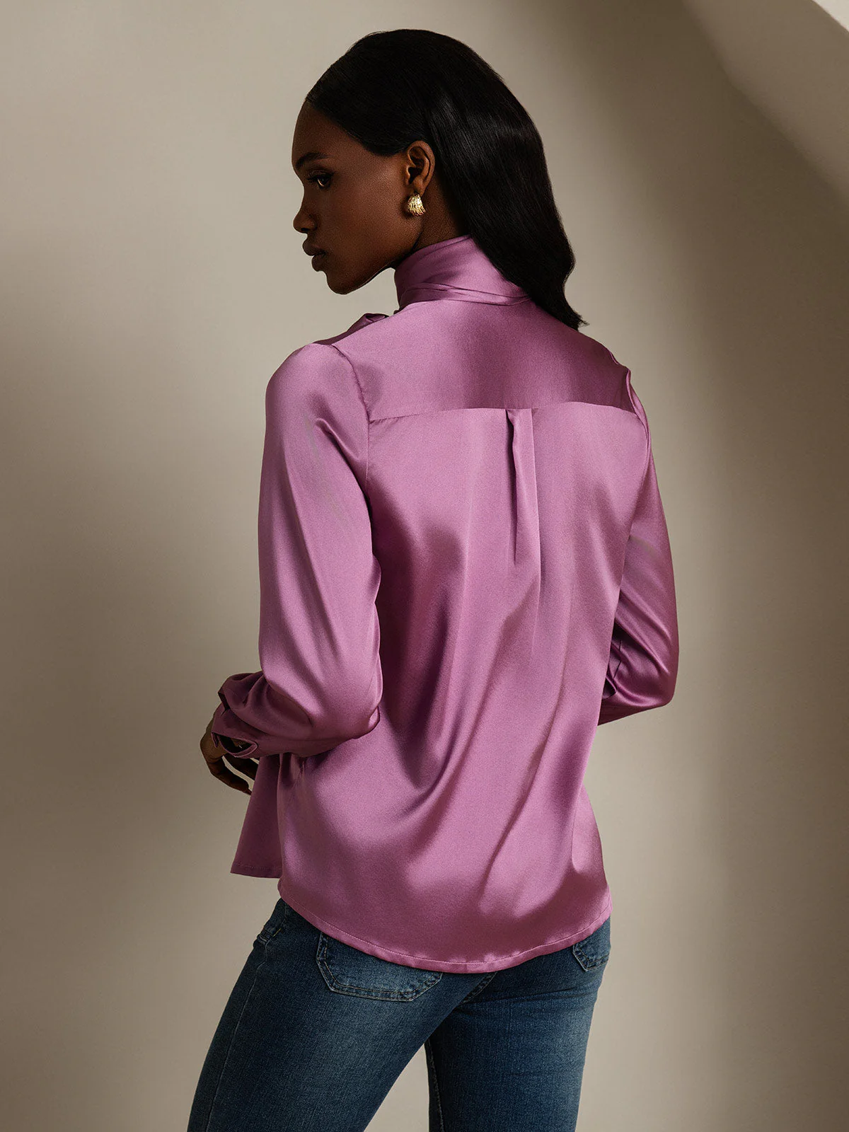 19Momme Silk Long Sleeve High Neck Bow Tie Blouse - Image 24