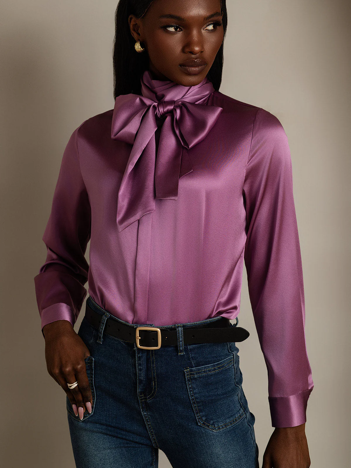 19Momme Silk Long Sleeve High Neck Bow Tie Blouse - Image 25