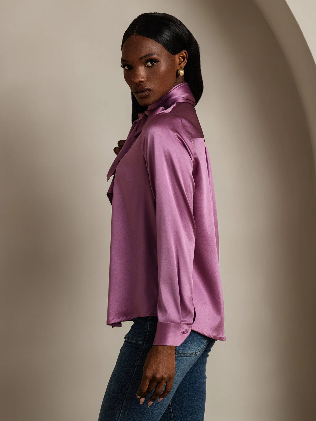 19Momme Silk Long Sleeve High Neck Bow Tie Blouse - Image 26