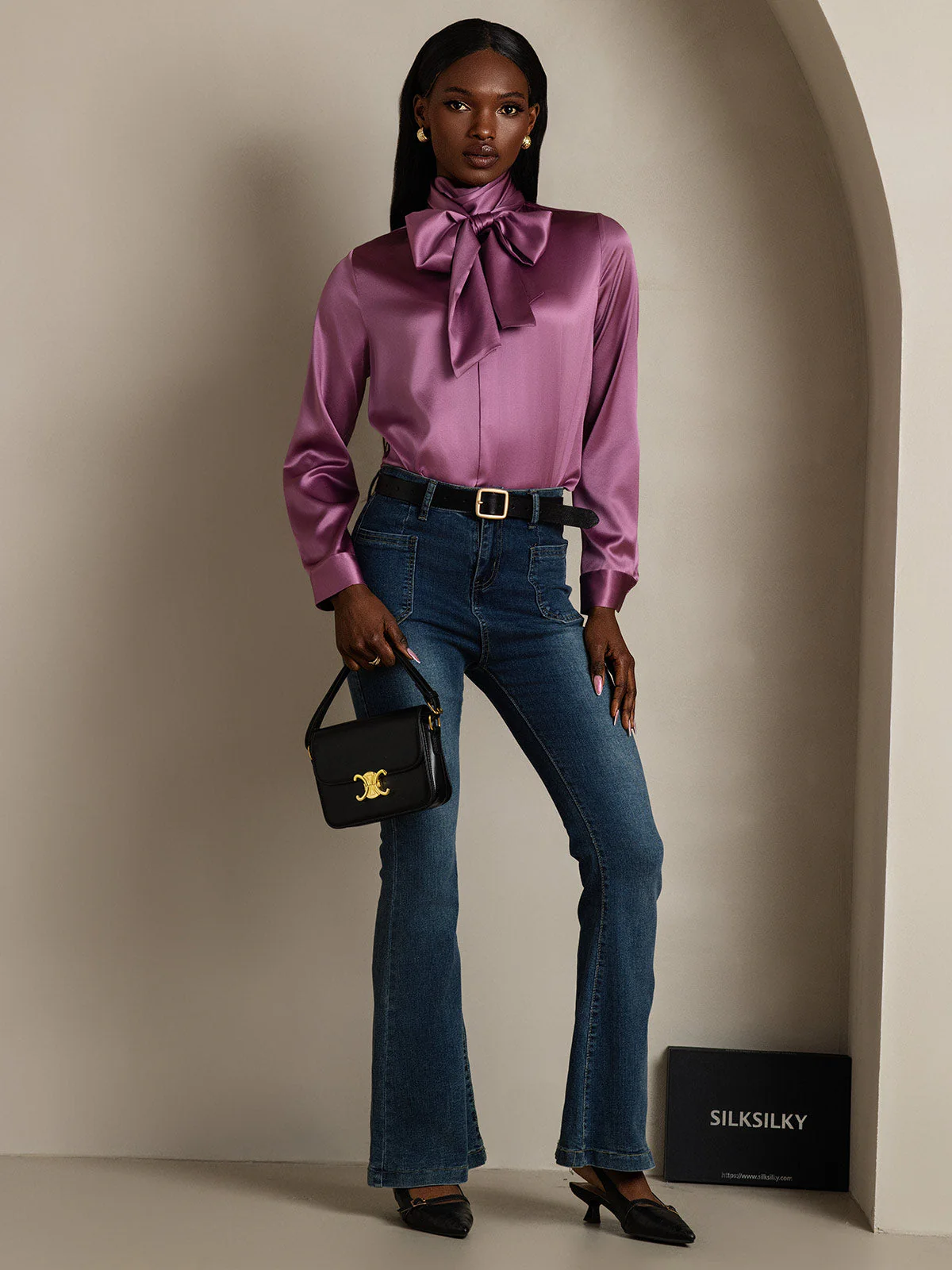 19Momme Silk Long Sleeve High Neck Bow Tie Blouse - Image 27