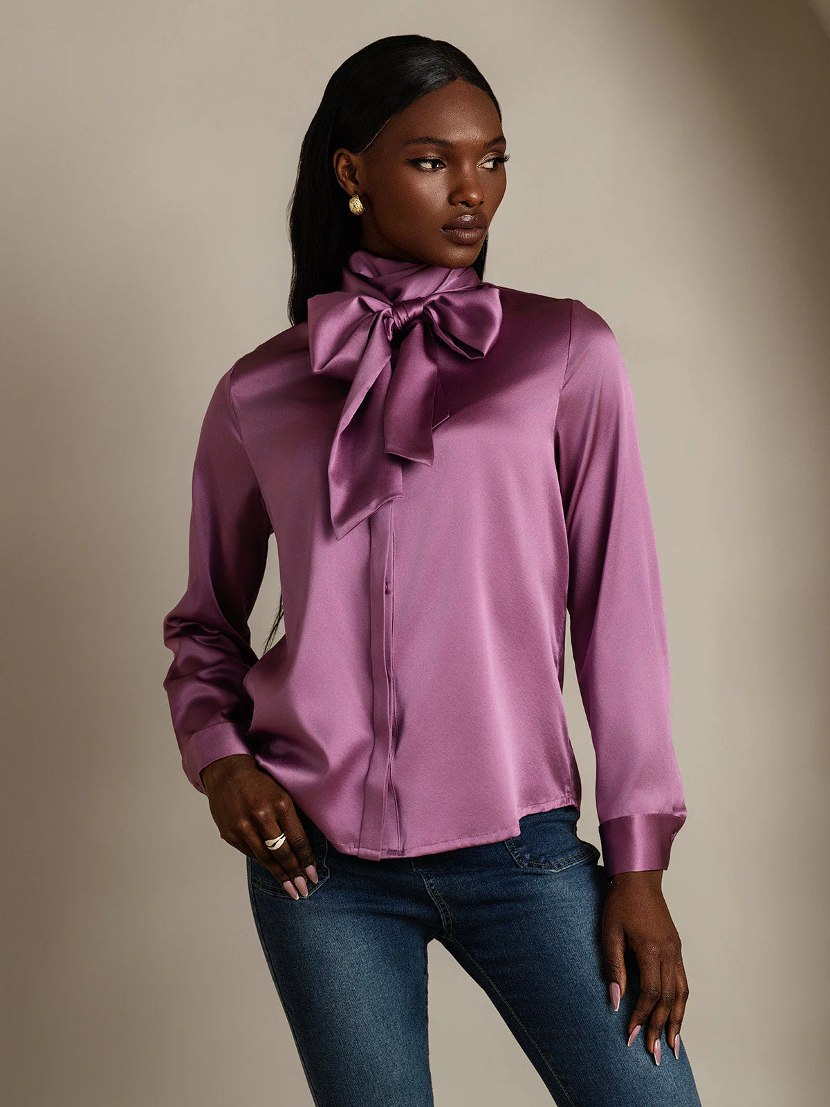 19Momme Silk Long Sleeve High Neck Bow Tie Blouse - Image 28