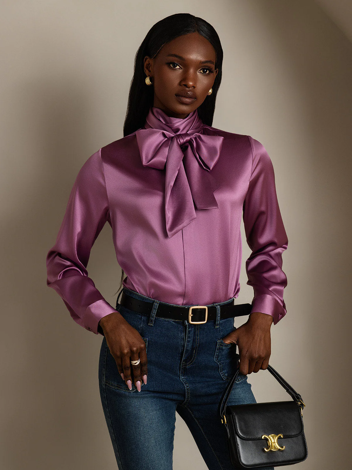 19Momme Silk Long Sleeve High Neck Bow Tie Blouse - Image 29