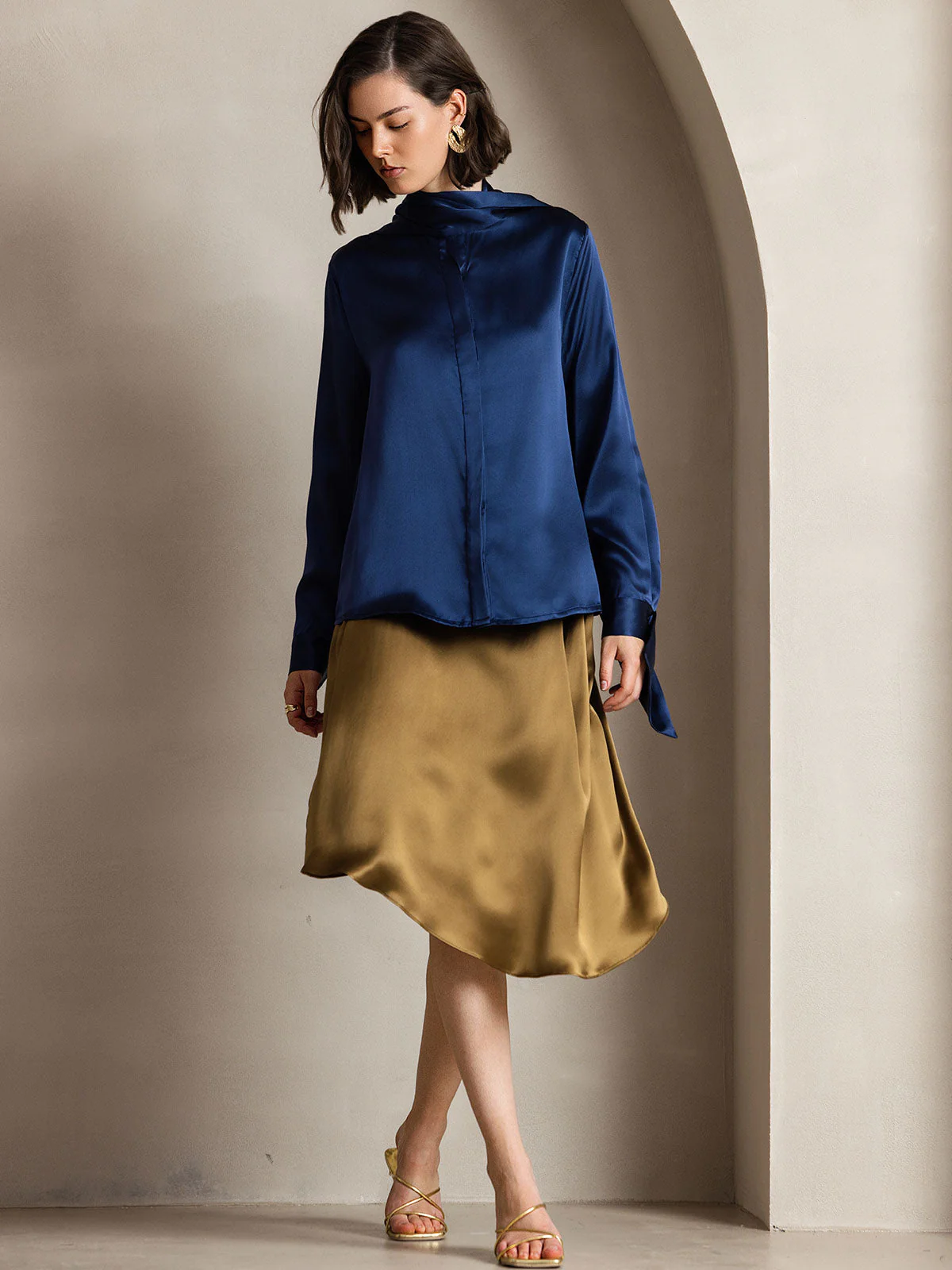 19Momme Silk Long Sleeve High Neck Bow Tie Blouse - Image 3