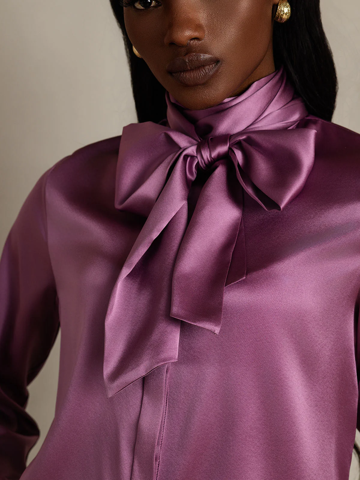 19Momme Silk Long Sleeve High Neck Bow Tie Blouse - Image 30