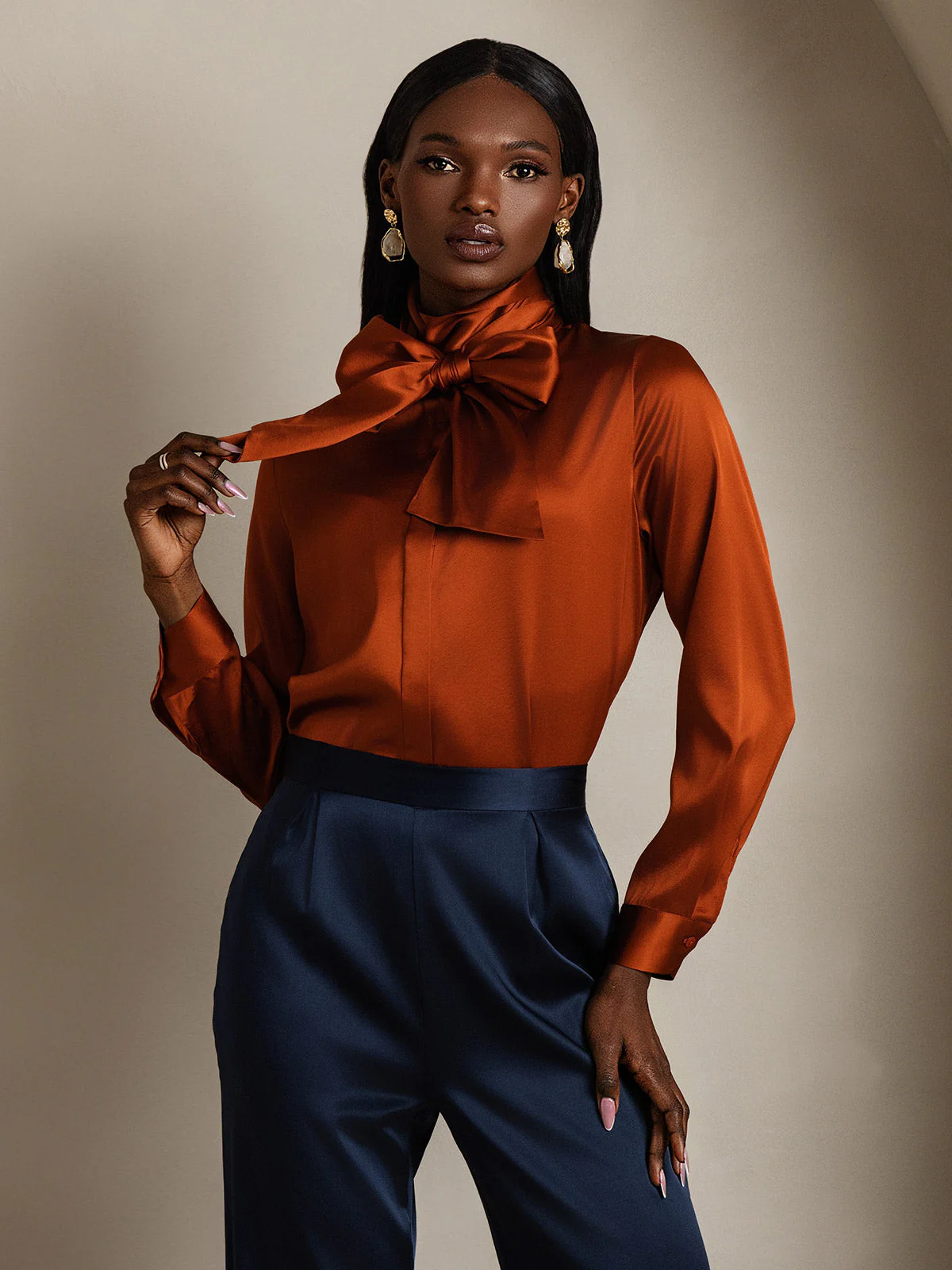 19Momme Silk Long Sleeve High Neck Bow Tie Blouse - Image 32