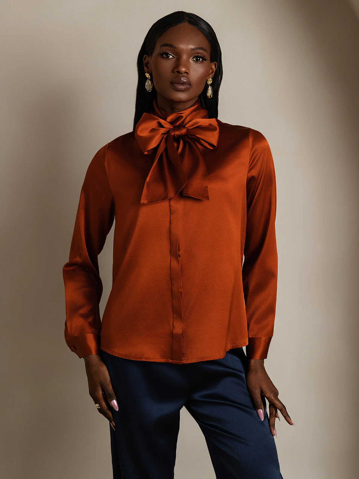 19Momme Silk Long Sleeve High Neck Bow Tie Blouse - Image 34