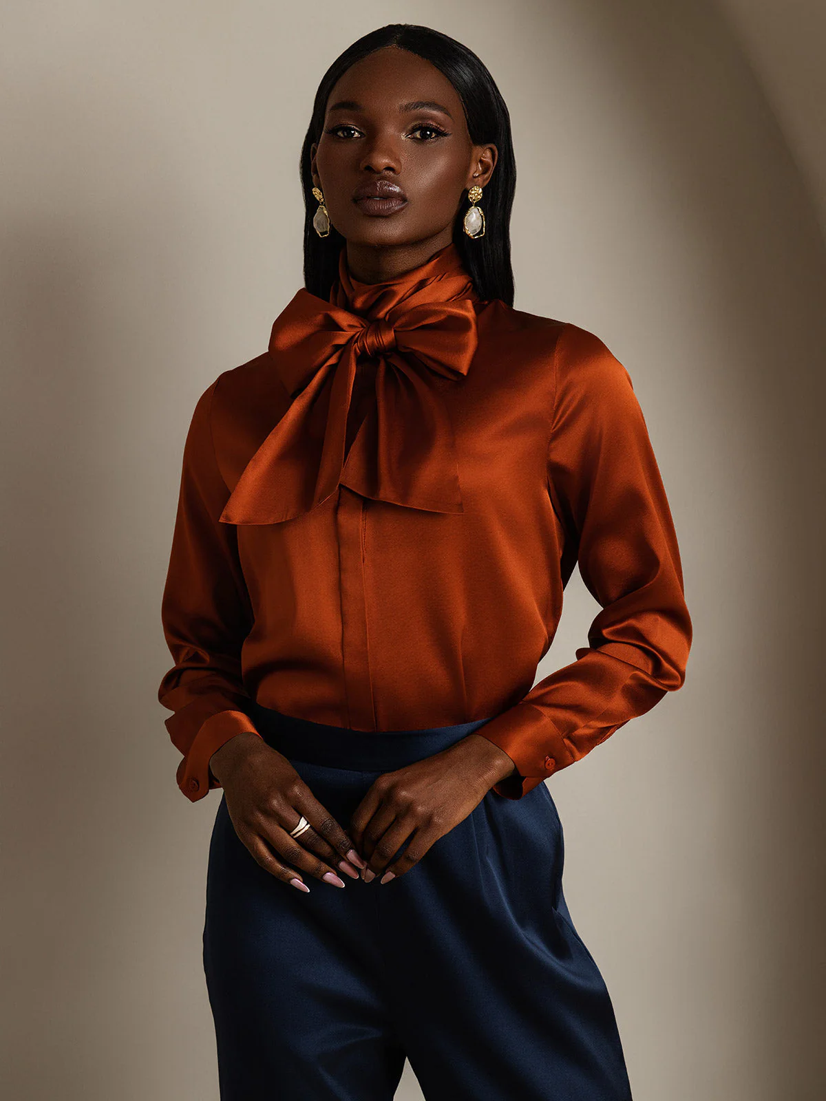 19Momme Silk Long Sleeve High Neck Bow Tie Blouse - Image 35