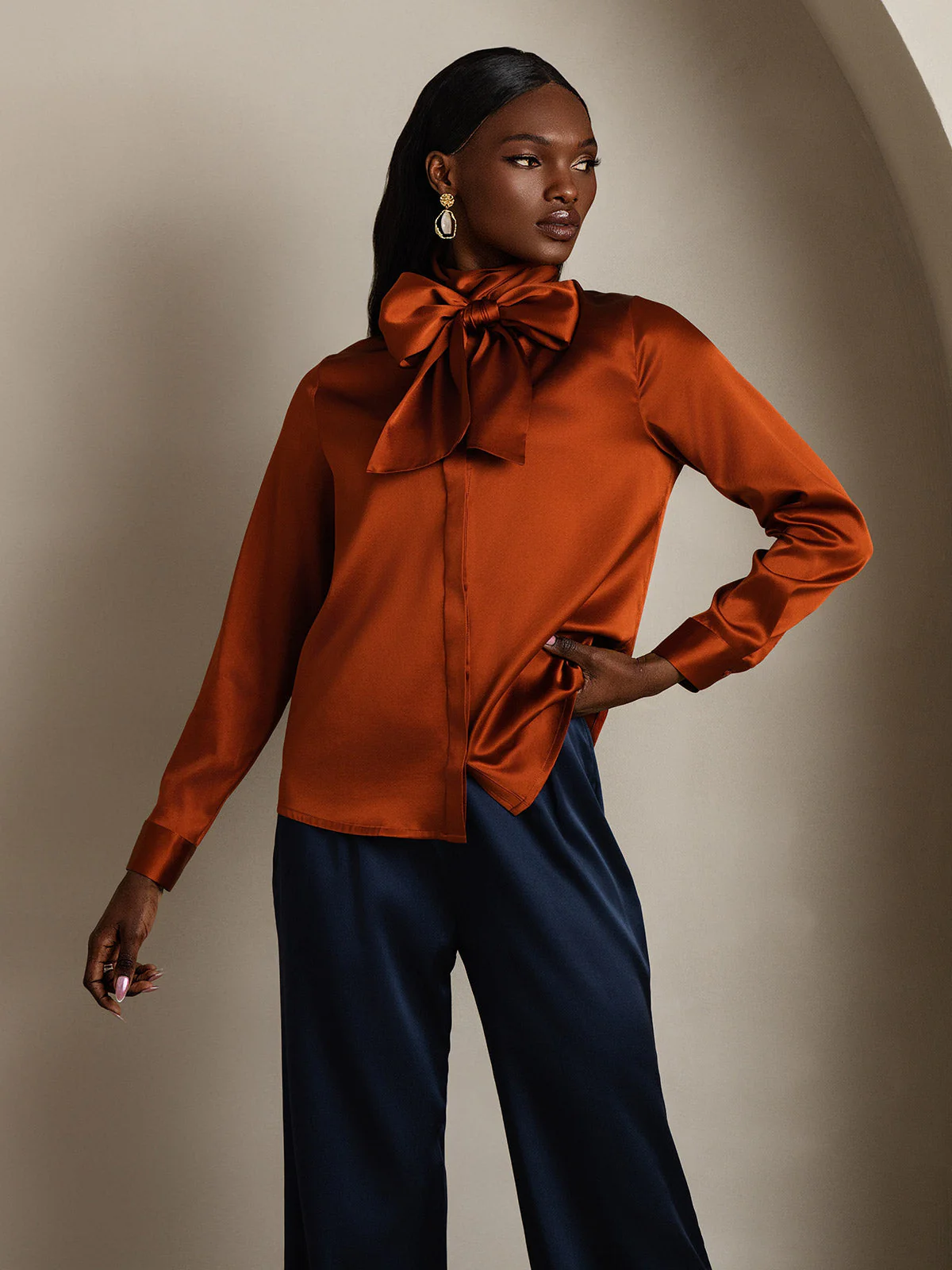 19Momme Silk Long Sleeve High Neck Bow Tie Blouse - Image 36