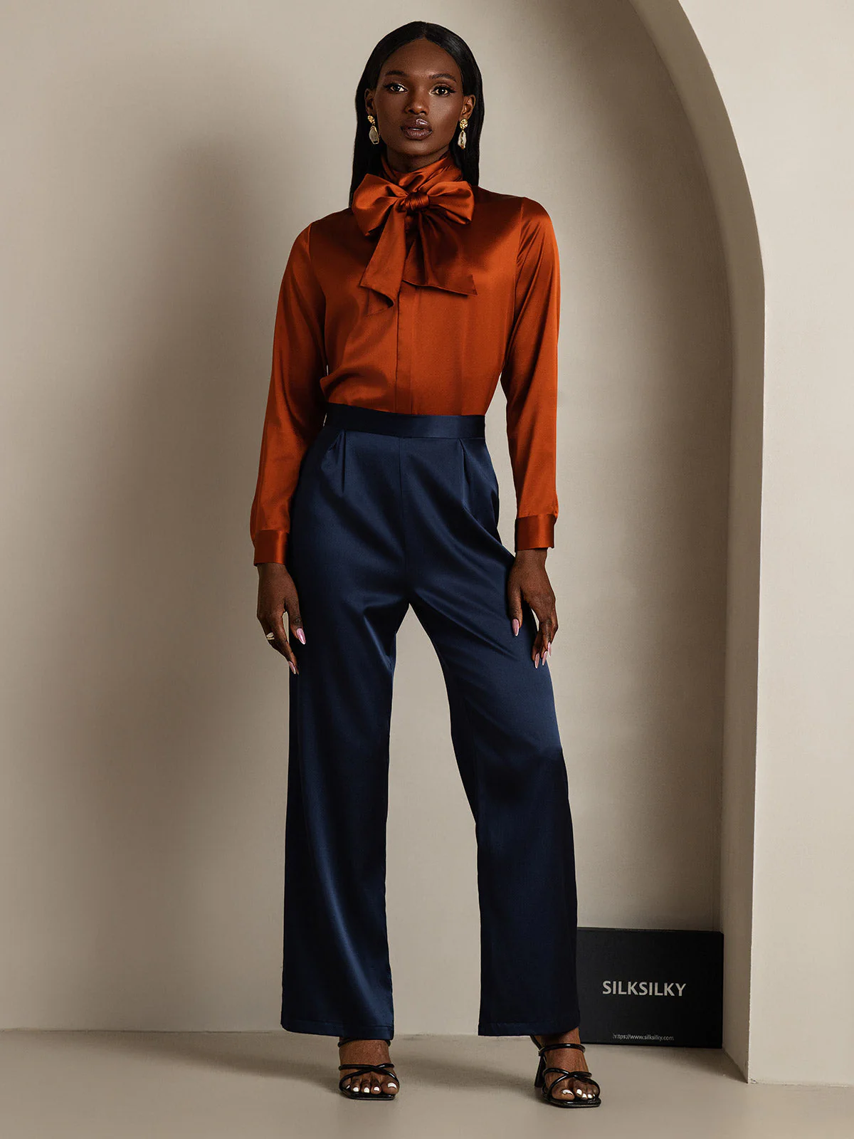 19Momme Silk Long Sleeve High Neck Bow Tie Blouse - Image 37