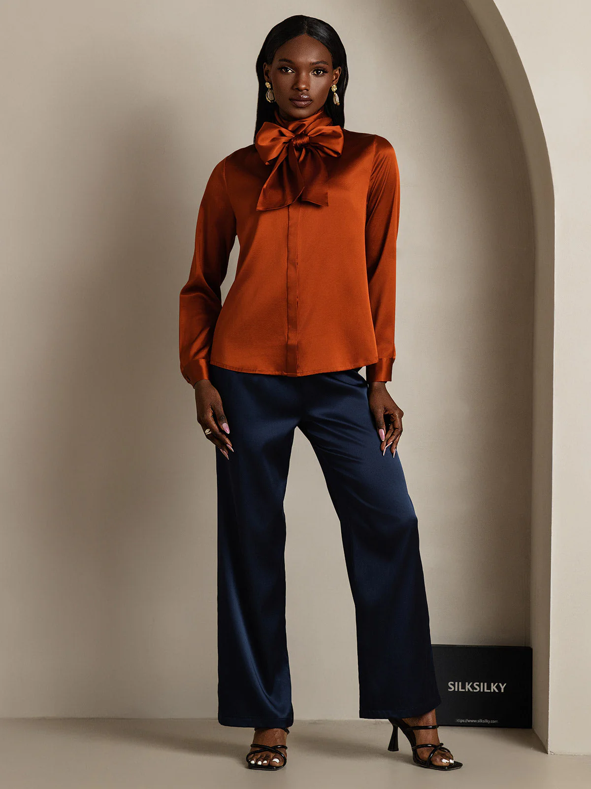 19Momme Silk Long Sleeve High Neck Bow Tie Blouse - Image 38