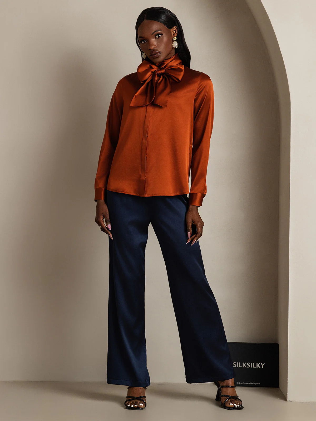 19Momme Silk Long Sleeve High Neck Bow Tie Blouse - Image 39