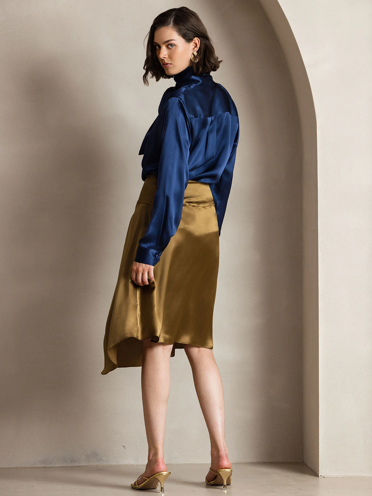 19Momme Silk Long Sleeve High Neck Bow Tie Blouse - Image 4