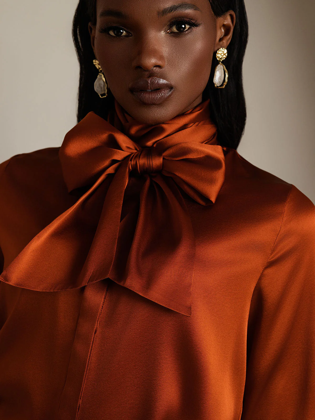 19Momme Silk Long Sleeve High Neck Bow Tie Blouse - Image 41