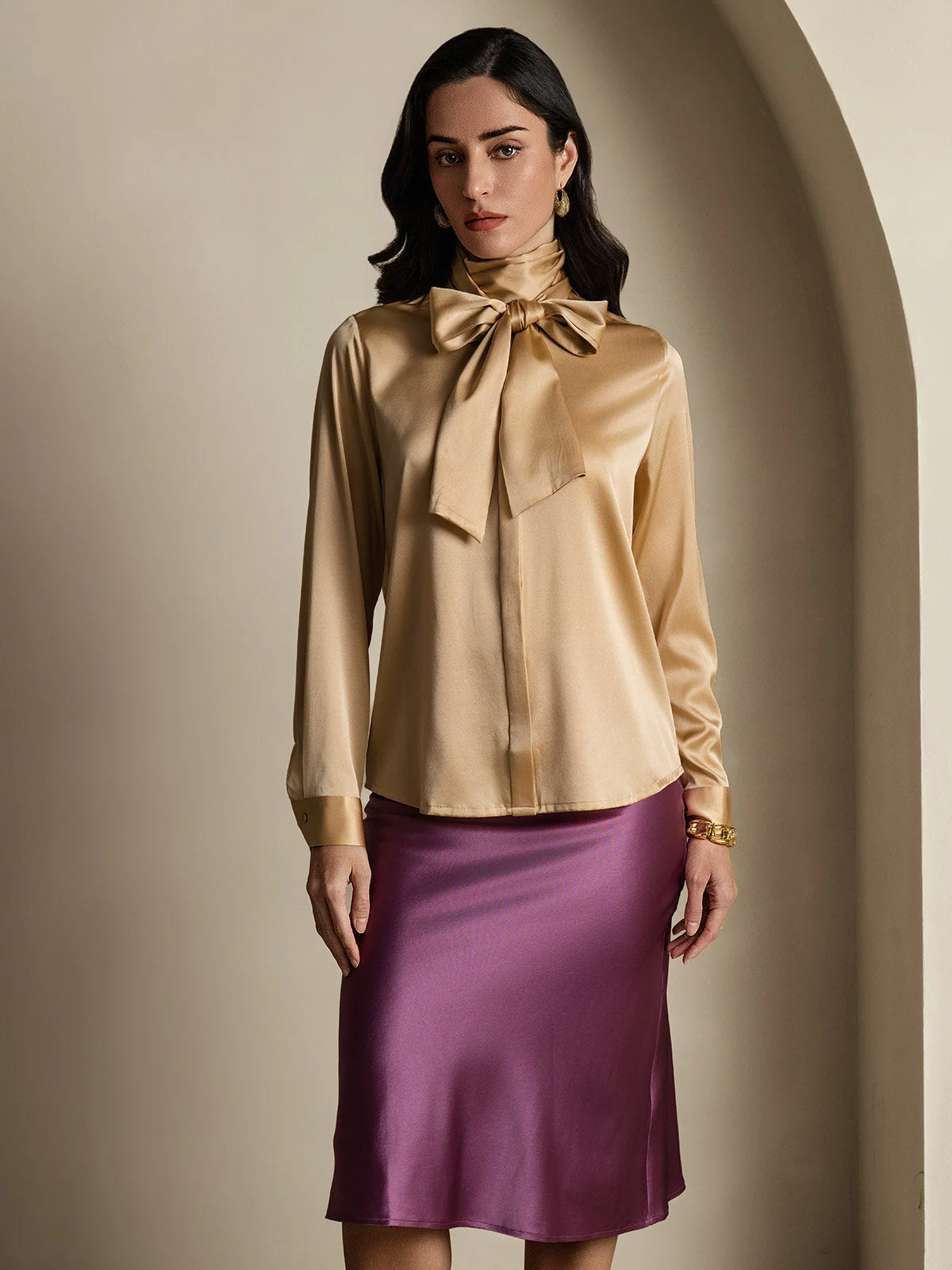 19Momme Silk Long Sleeve High Neck Bow Tie Blouse - Image 42
