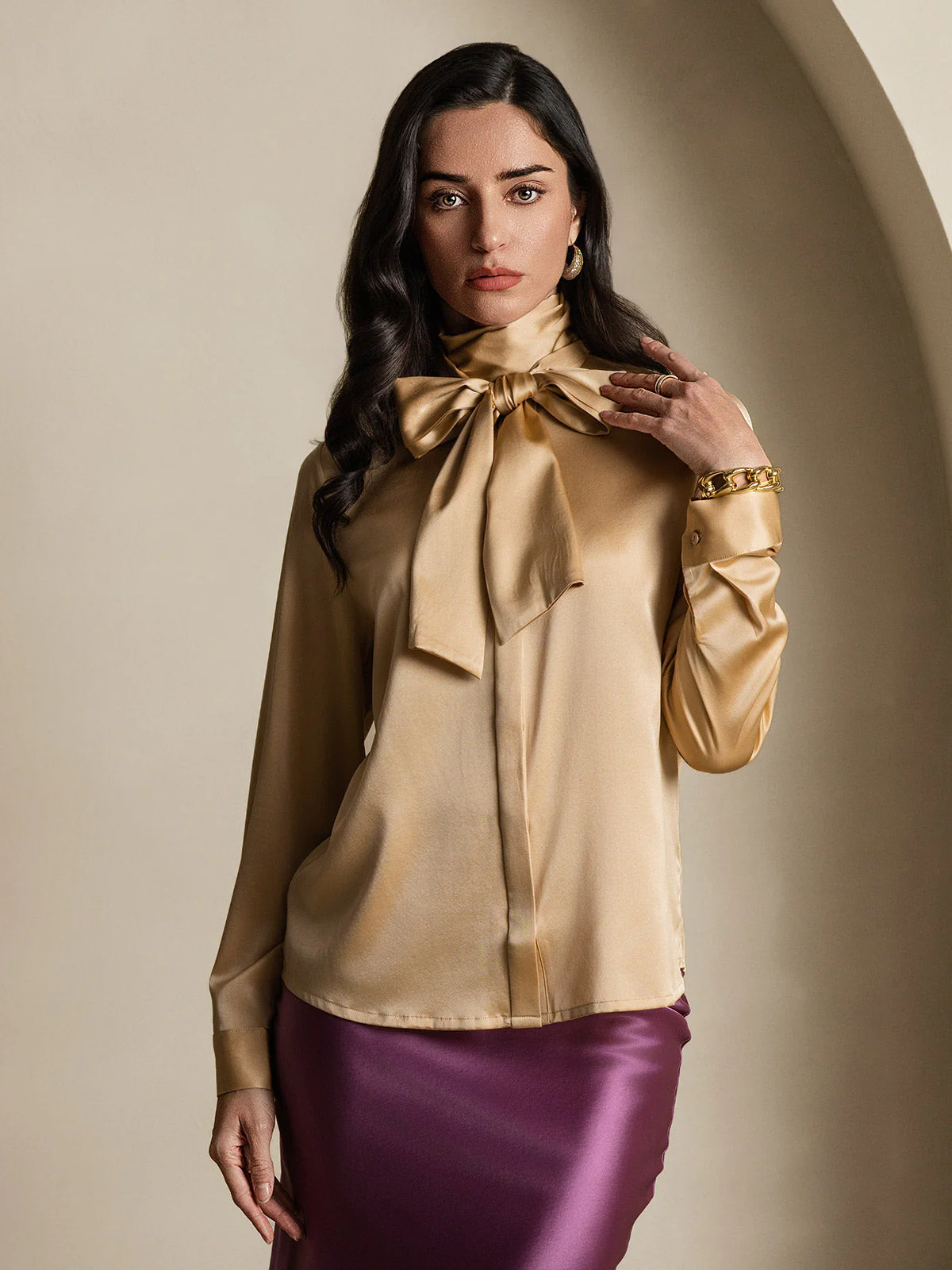 19Momme Silk Long Sleeve High Neck Bow Tie Blouse - Image 45