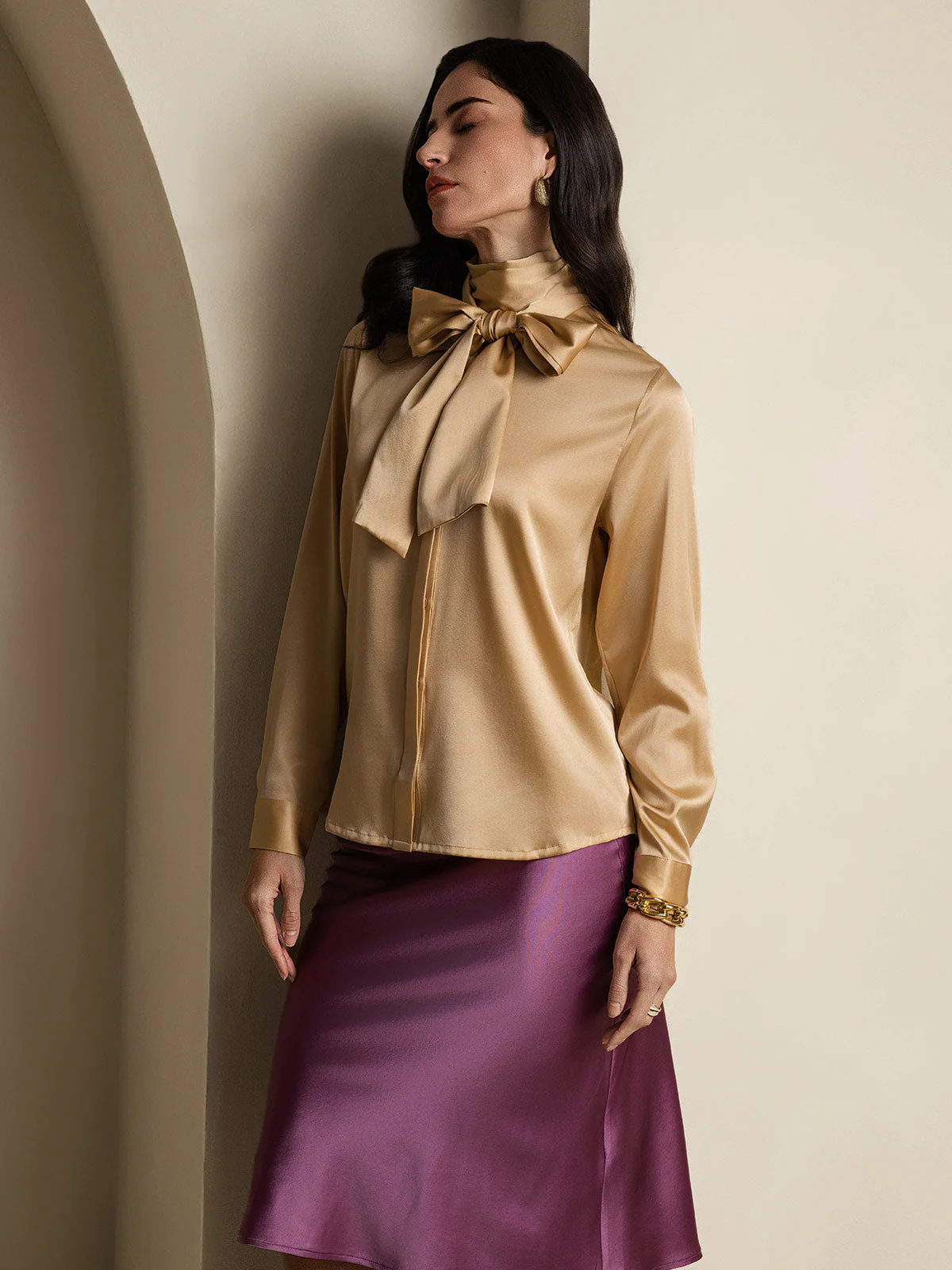 19Momme Silk Long Sleeve High Neck Bow Tie Blouse - Image 46
