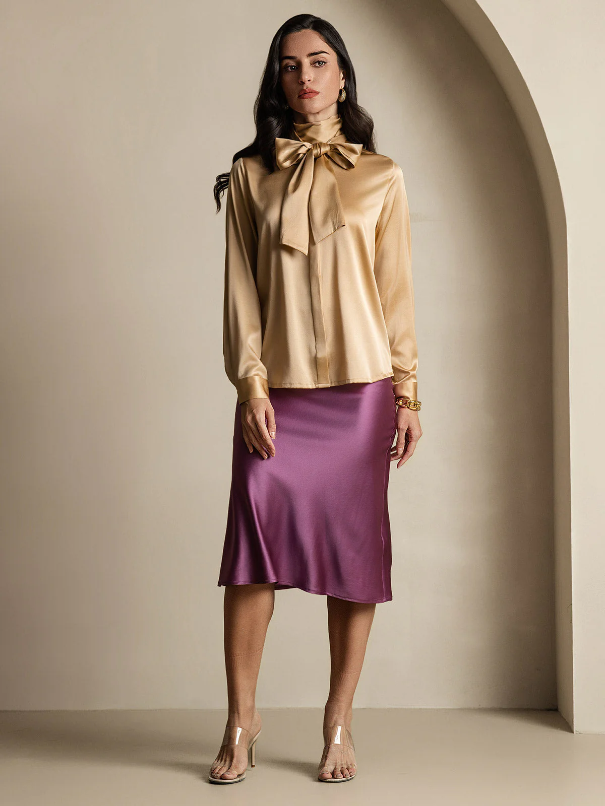 19Momme Silk Long Sleeve High Neck Bow Tie Blouse - Image 51