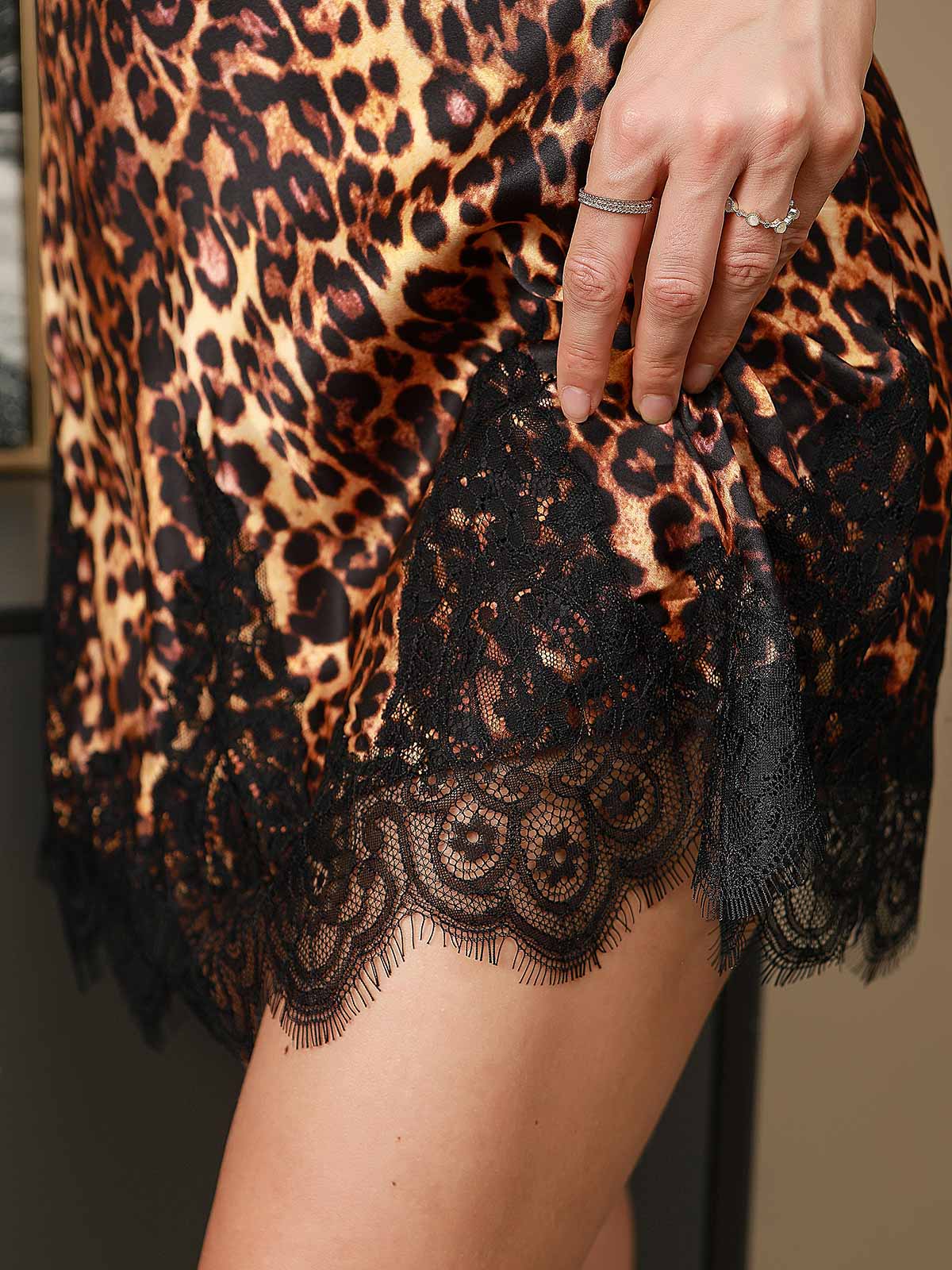 Pure Silk Leopard Print Spaghetti Strap V-neck Short Nightgown with Lace Design - Image 8