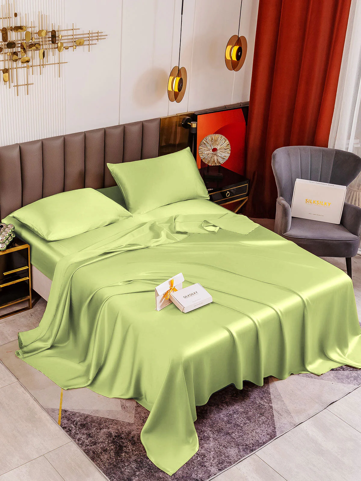 19Momme 4Pcs Silk Set Fitted&Flat Sheets+2x Pillowcases - Image 103