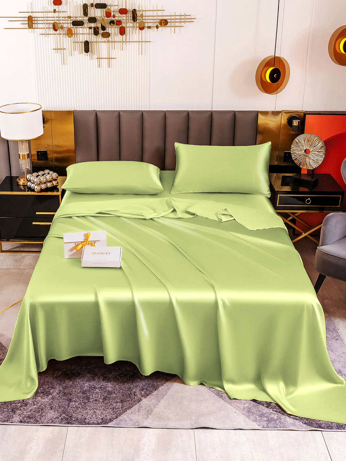 19Momme 4Pcs Silk Set Fitted&Flat Sheets+2x Pillowcases - Image 104