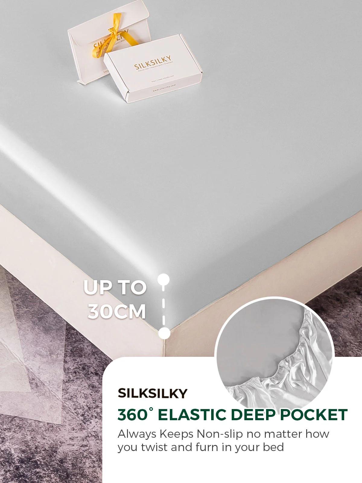 19Momme 4Pcs Silk Set Fitted&Flat Sheets+2x Pillowcases - Image 36