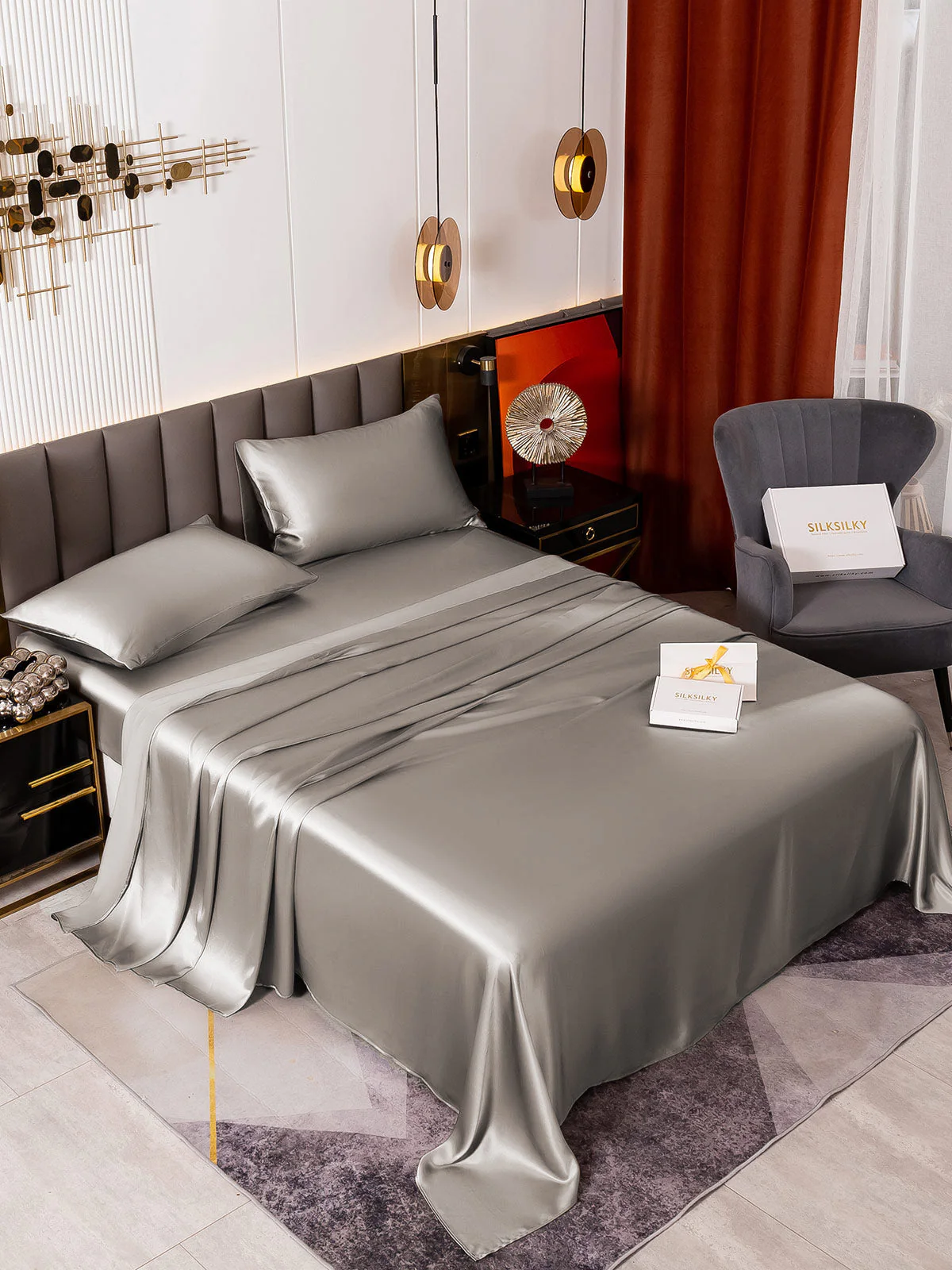 19Momme 4Pcs Silk Set Fitted&Flat Sheets+2x Pillowcases - Image 45