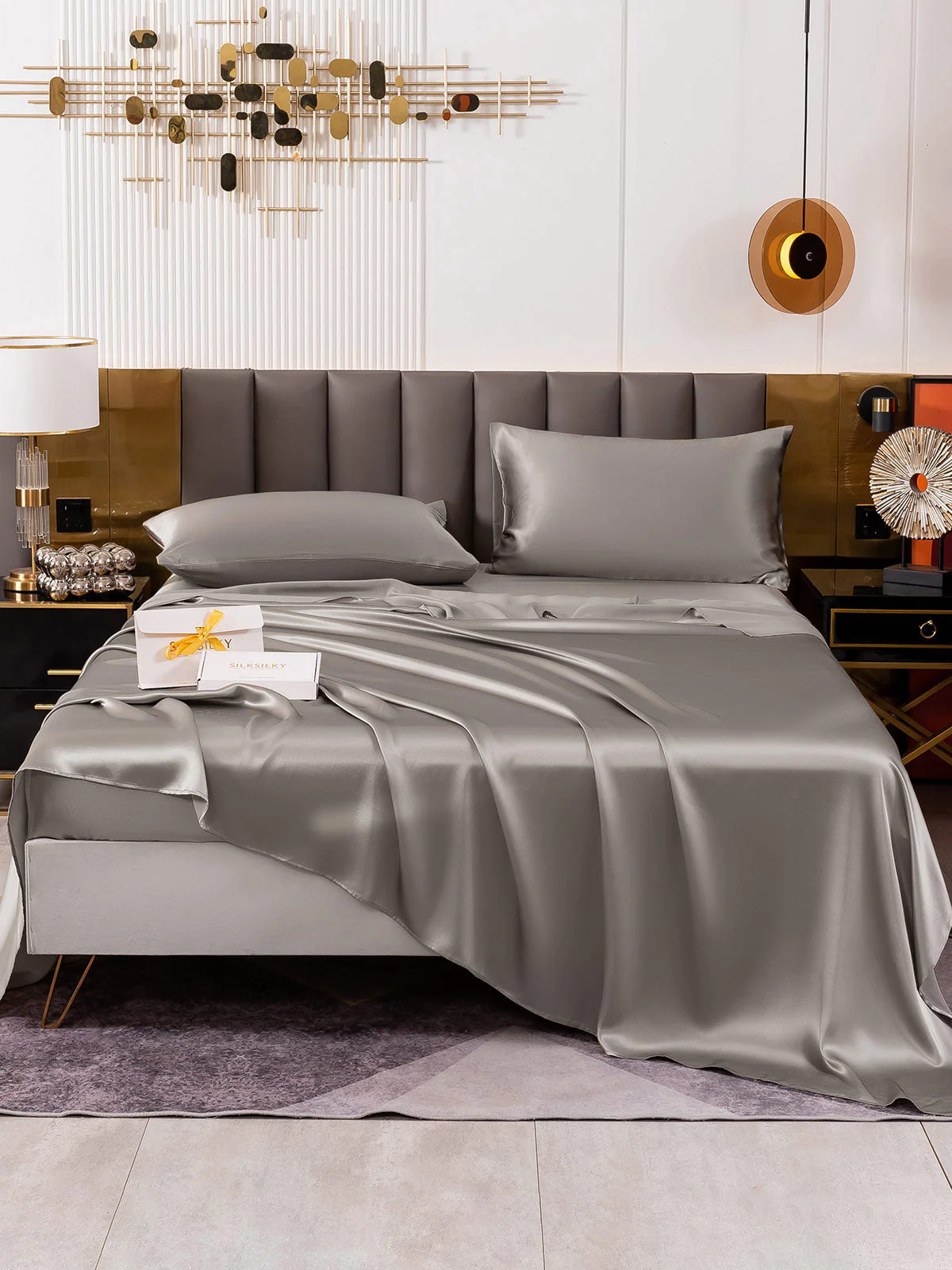 19Momme 4Pcs Silk Set Fitted&Flat Sheets+2x Pillowcases - Image 46
