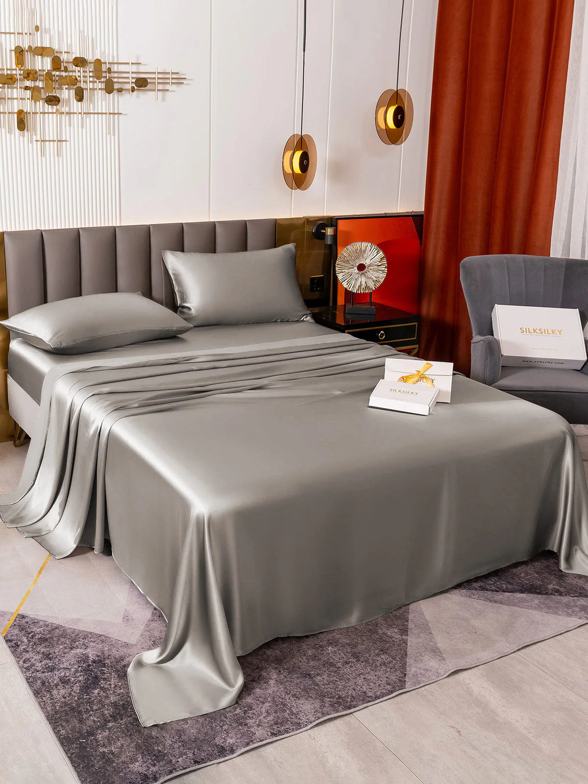 19Momme 4Pcs Silk Set Fitted&Flat Sheets+2x Pillowcases - Image 49