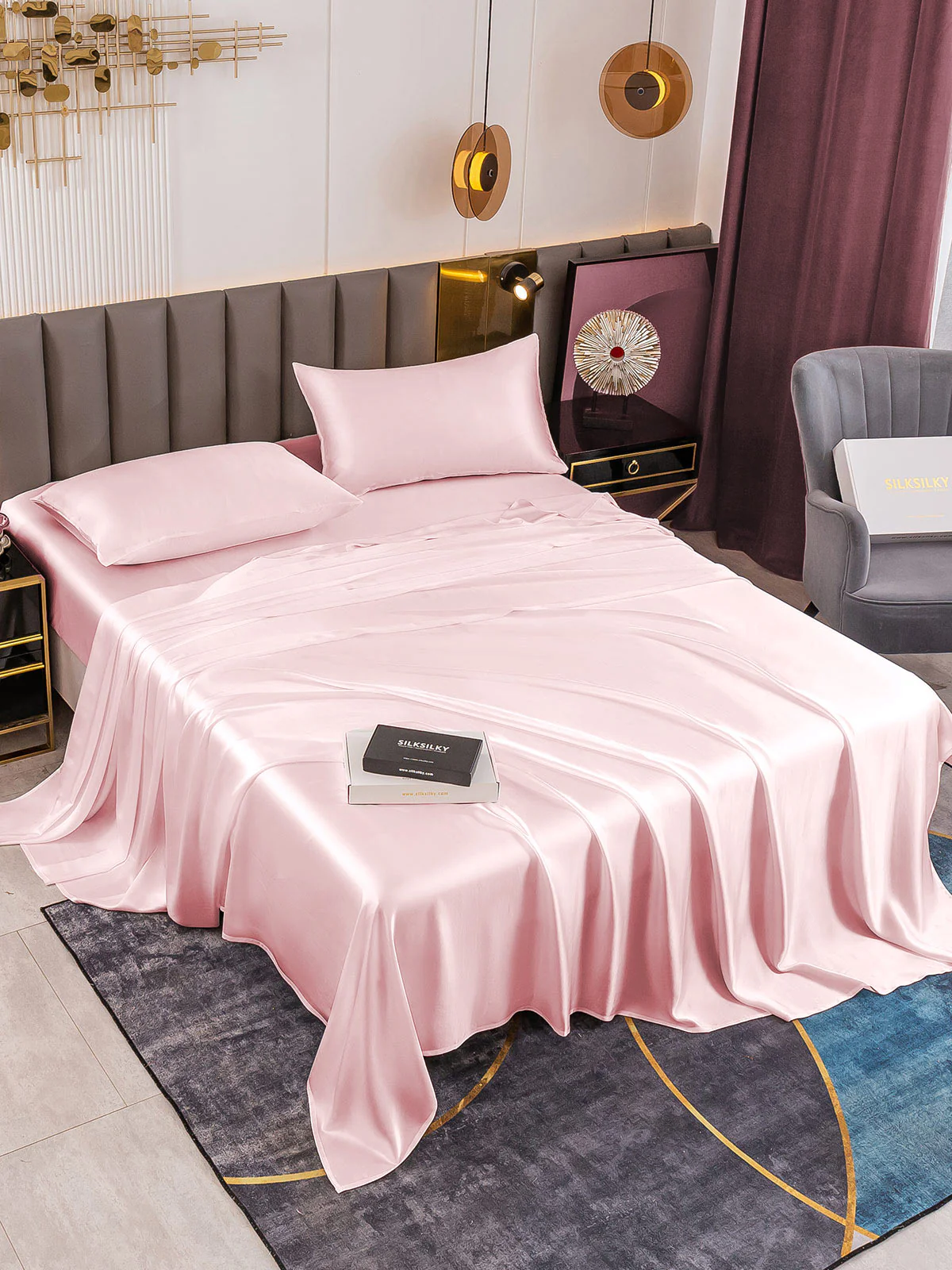 19Momme 4Pcs Silk Set Fitted&Flat Sheets+2x Pillowcases - Image 59