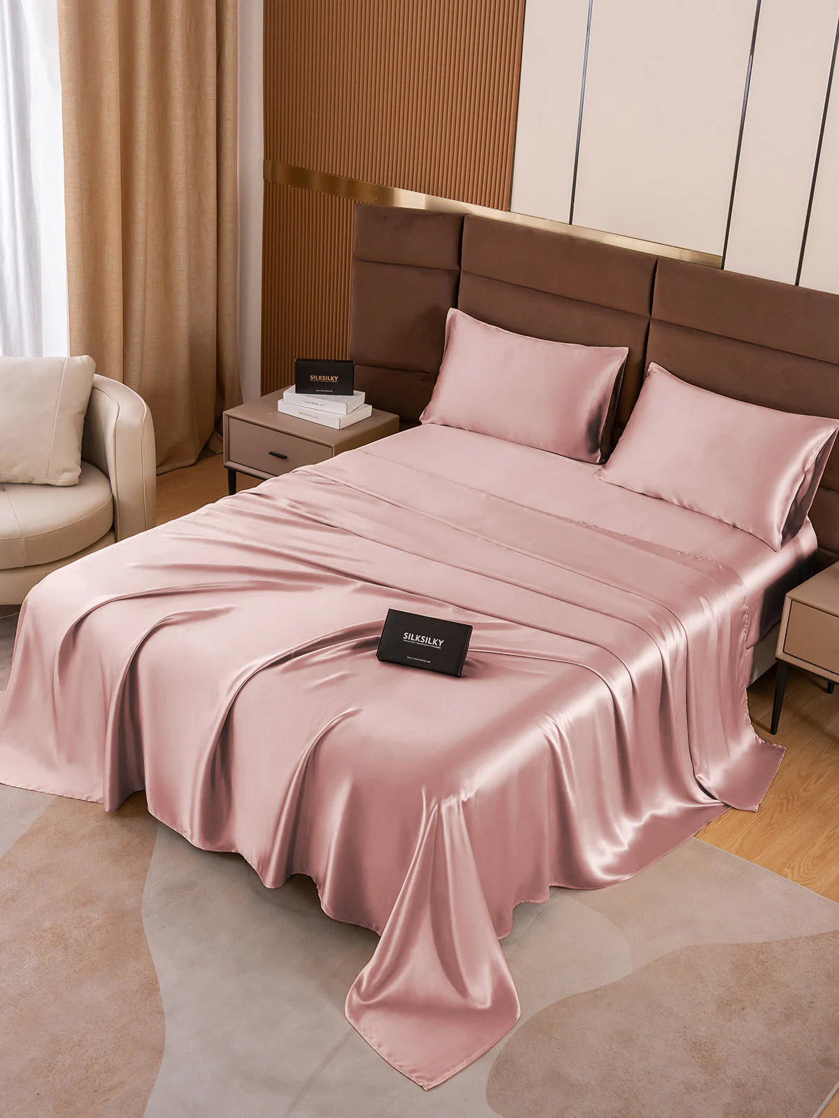 19Momme 4Pcs Silk Set Fitted&Flat Sheets+2x Pillowcases - Image 66