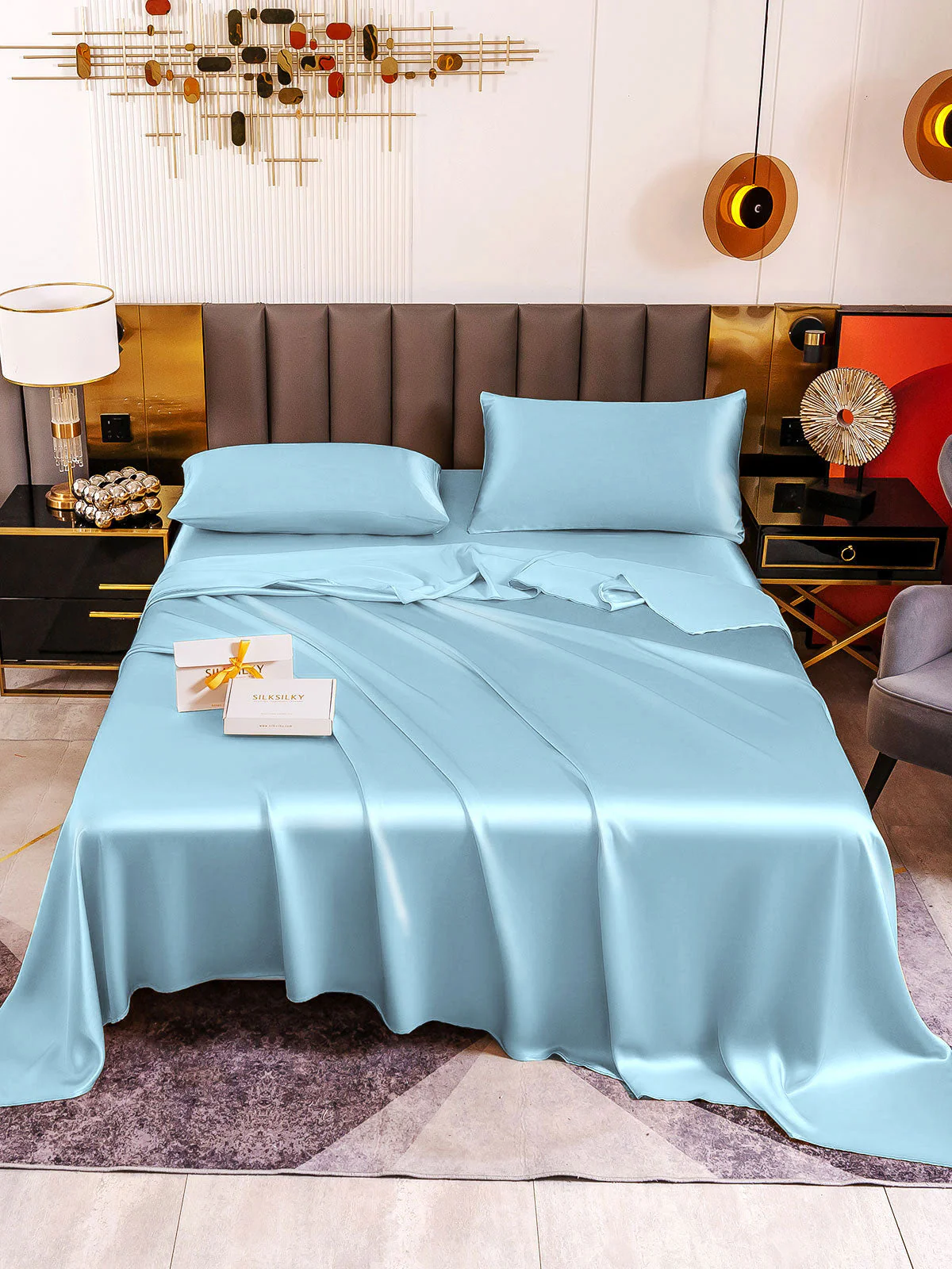 19Momme 4Pcs Silk Set Fitted&Flat Sheets+2x Pillowcases - Image 85