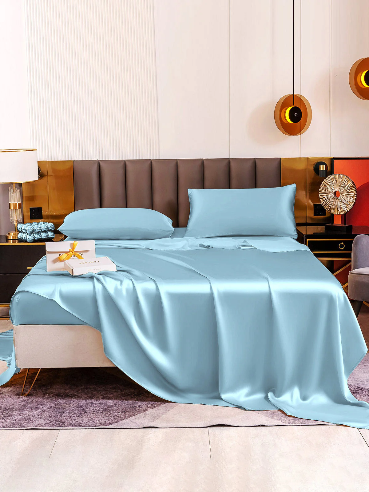 19Momme 4Pcs Silk Set Fitted&Flat Sheets+2x Pillowcases - Image 88