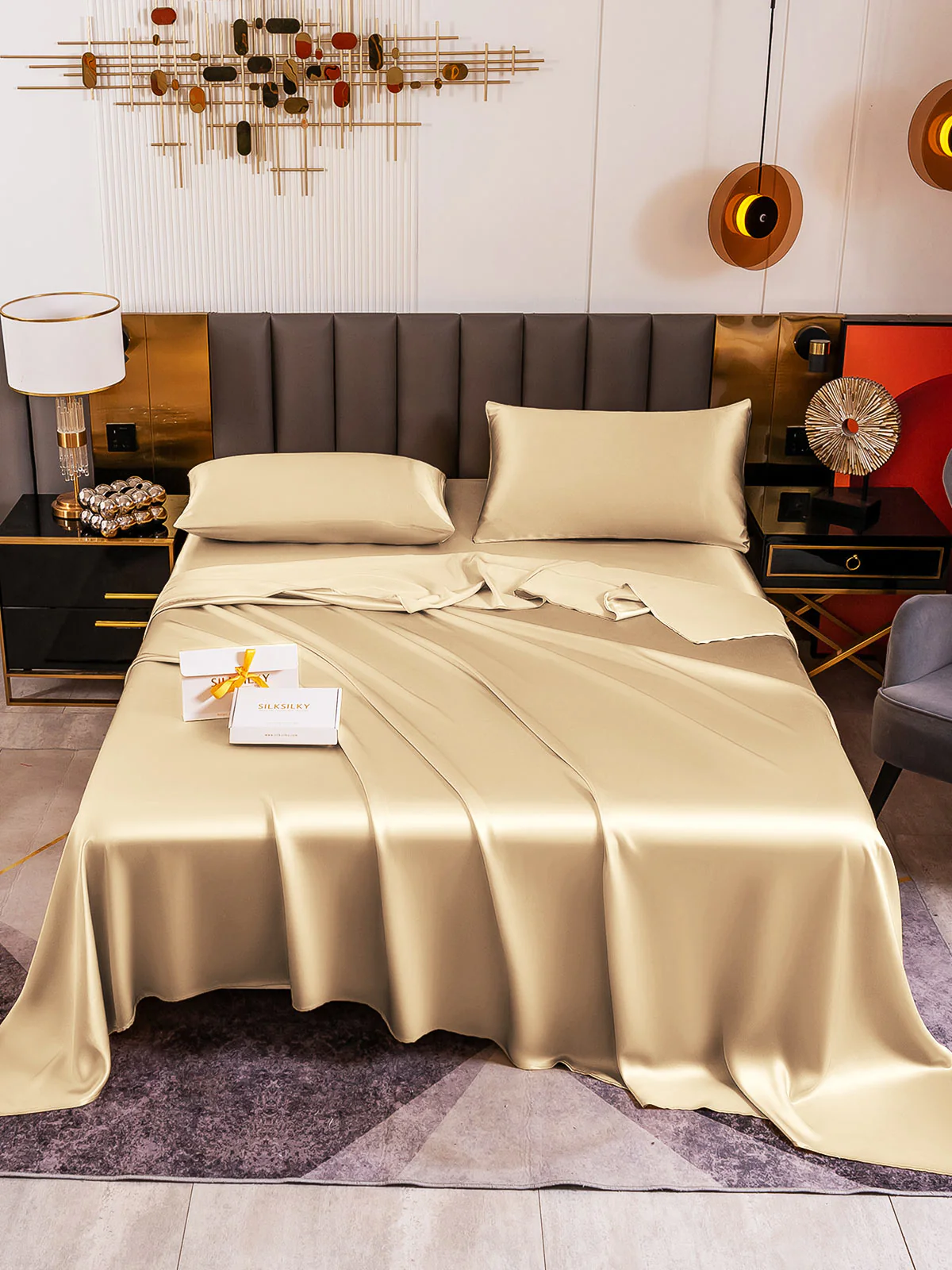 19Momme 4Pcs Silk Set Fitted&Flat Sheets+2x Pillowcases - Image 95