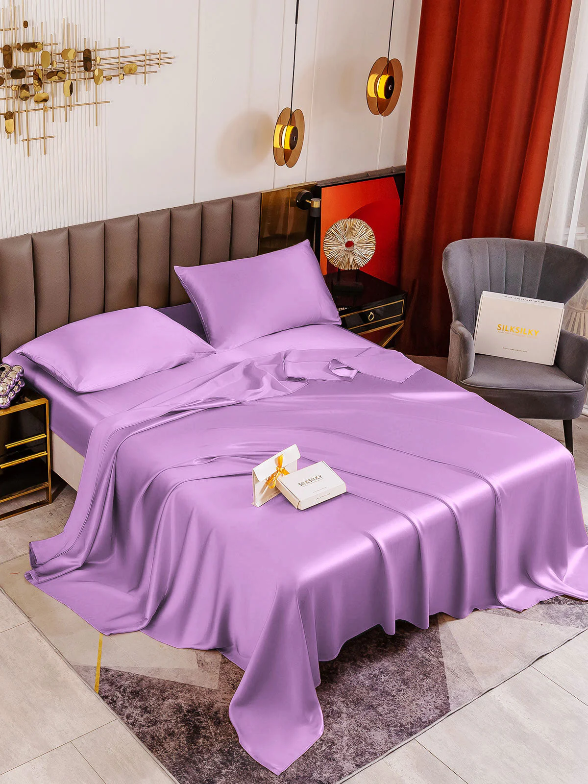 19Momme 4Pcs Silk Set Fitted&Flat Sheets+2x Pillowcases - Image 96
