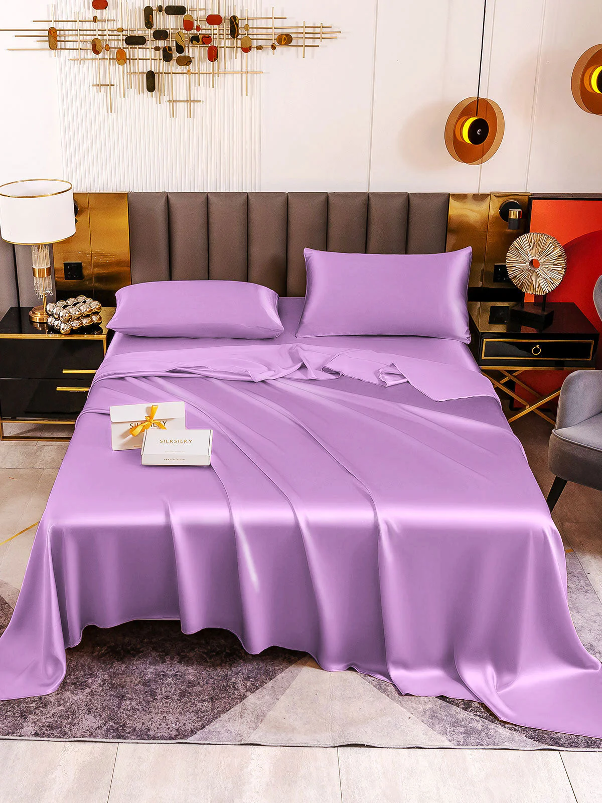 19Momme 4Pcs Silk Set Fitted&Flat Sheets+2x Pillowcases - Image 97