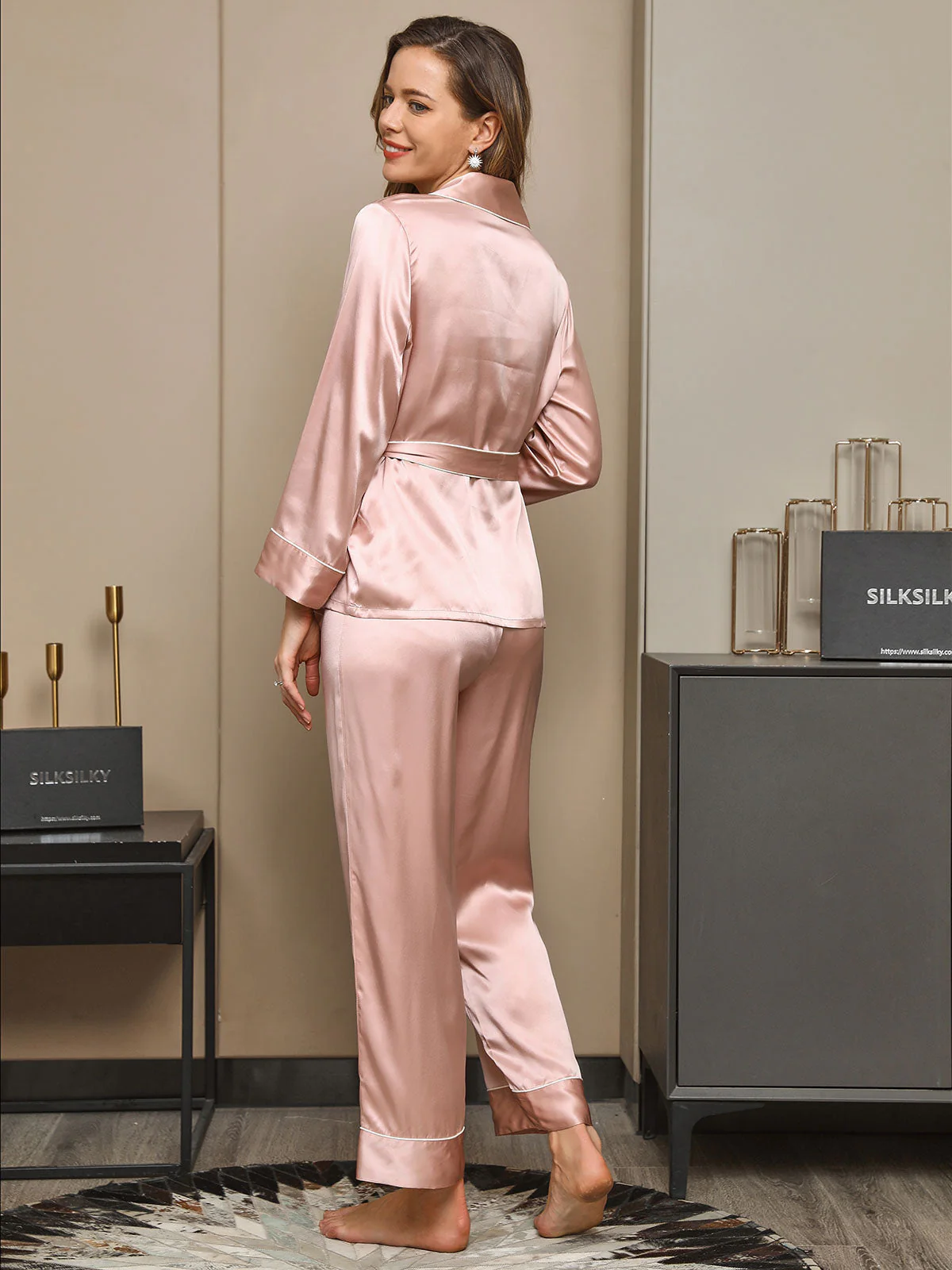 19Momme Contrast Trim Belted Lapel Silk Pajama Set - Image 7