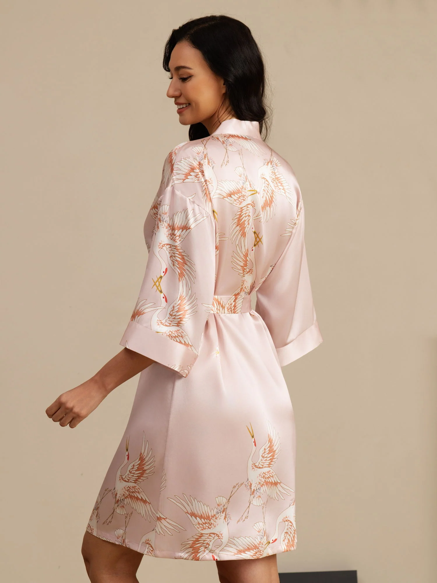 19Momme Pure Silk Crane Print Belted Wrap Women's Kimono Robe - Image 10