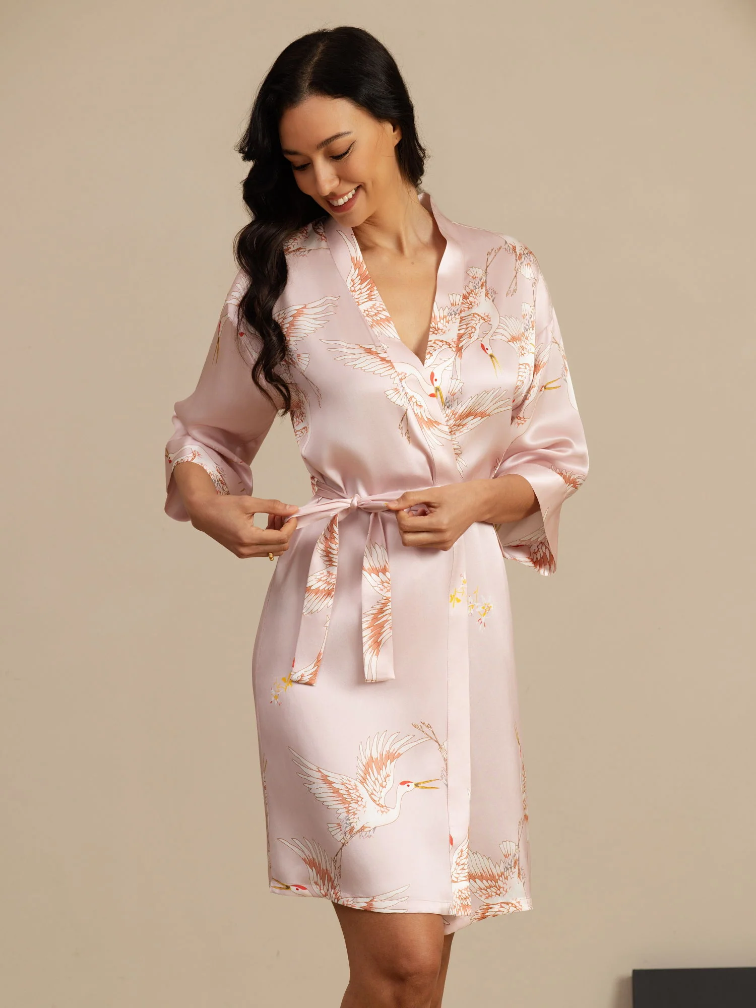 19Momme Pure Silk Crane Print Belted Wrap Women's Kimono Robe - Image 11