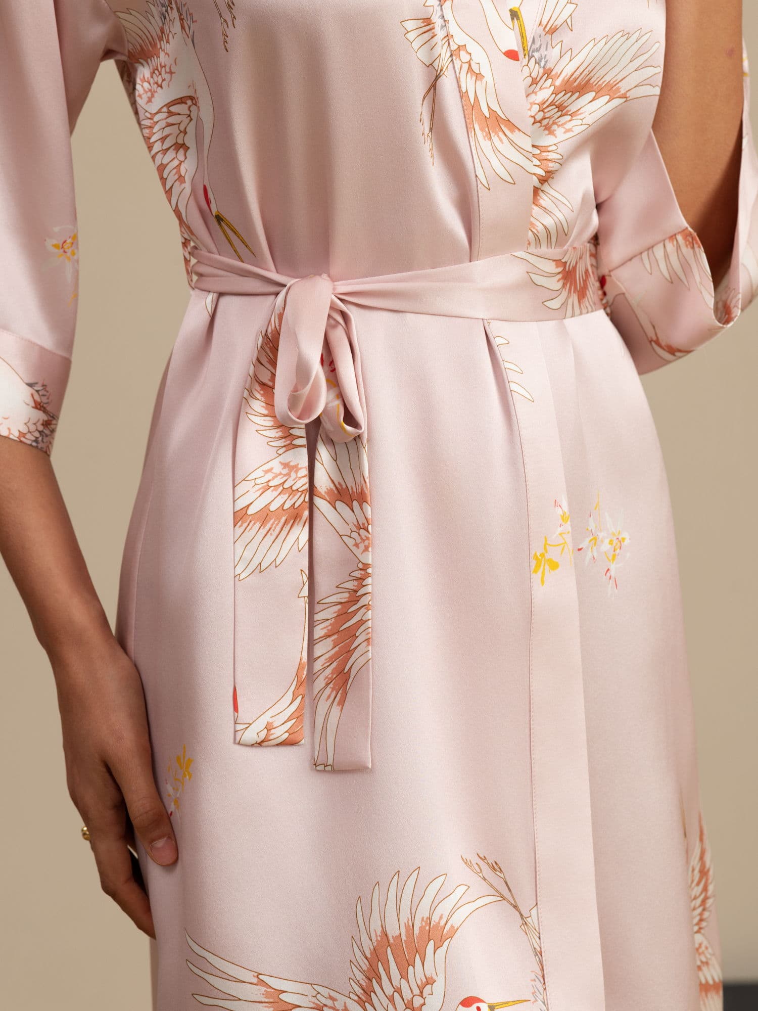 19Momme Pure Silk Crane Print Belted Wrap Women's Kimono Robe - Image 12