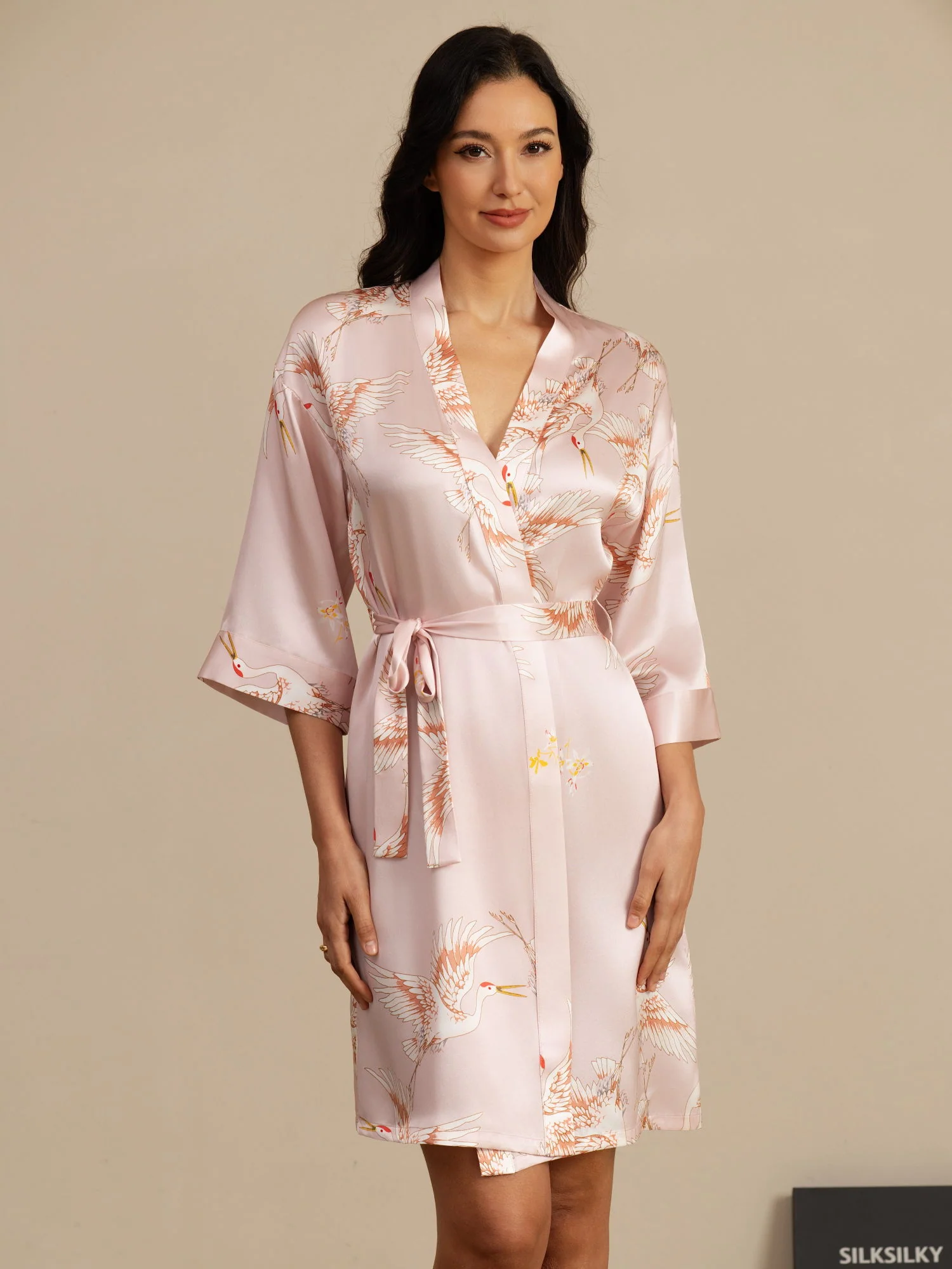 19Momme Pure Silk Crane Print Belted Wrap Women's Kimono Robe - Image 13