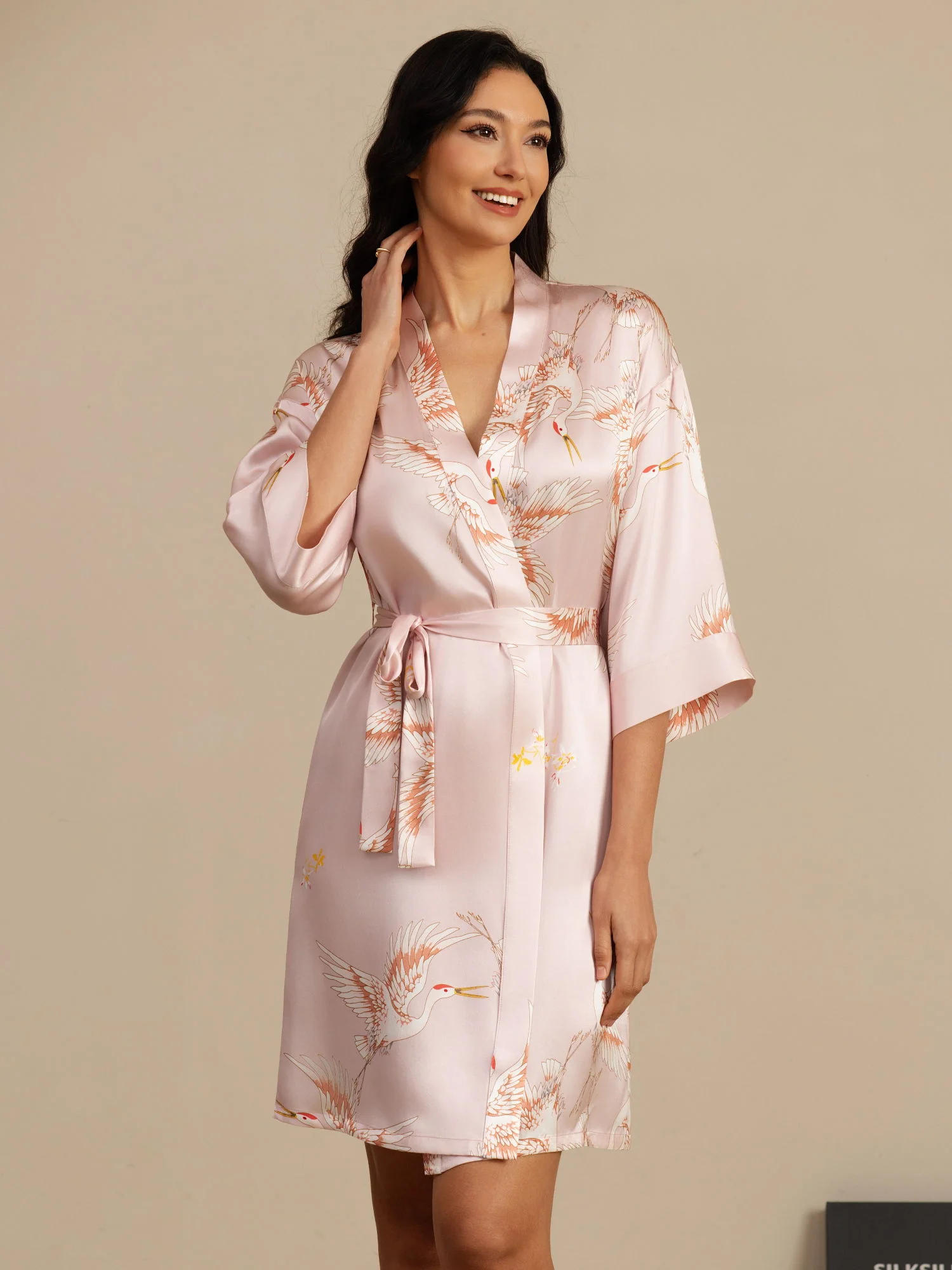 19Momme Pure Silk Crane Print Belted Wrap Women's Kimono Robe - Image 14