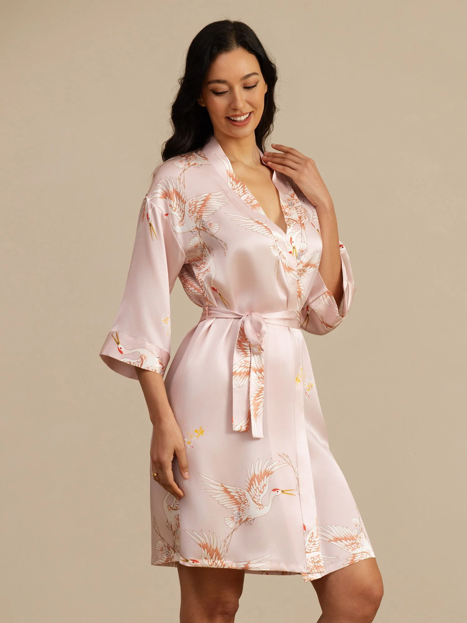 19Momme Pure Silk Crane Print Belted Wrap Women's Kimono Robe - Image 15
