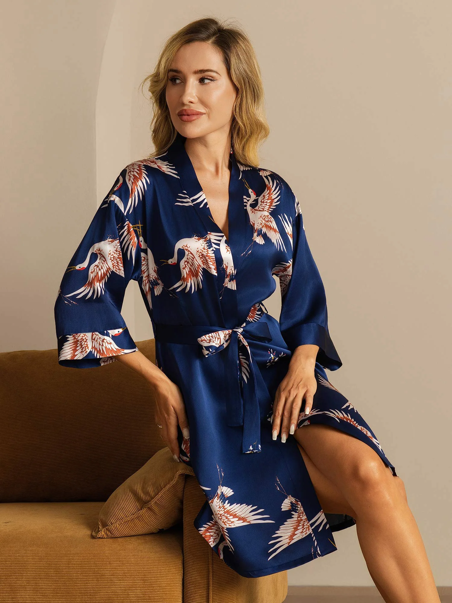 19Momme Pure Silk Crane Print Belted Wrap Women's Kimono Robe - Image 16