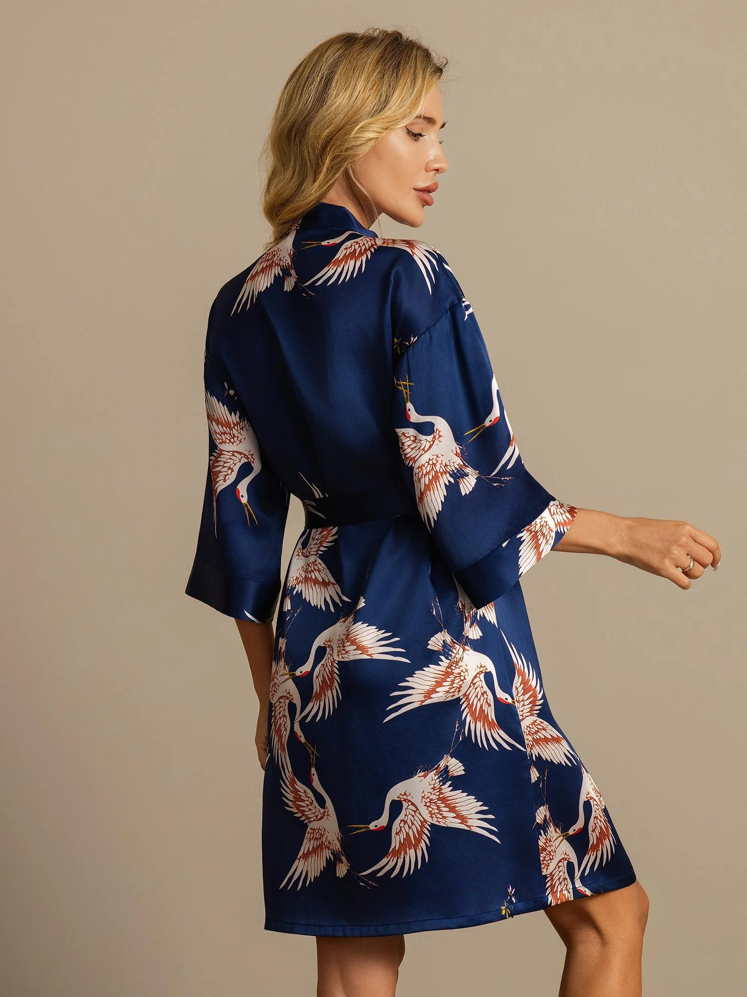 19Momme Pure Silk Crane Print Belted Wrap Women's Kimono Robe - Image 17